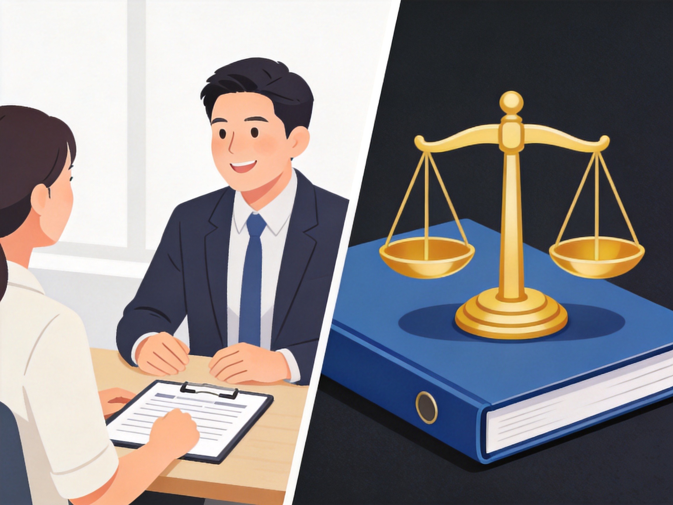 GEO正文图二：左侧沟通咨询与右侧合同契约天平的对比构图，象征经纪服务与承保理赔责任的边界区分