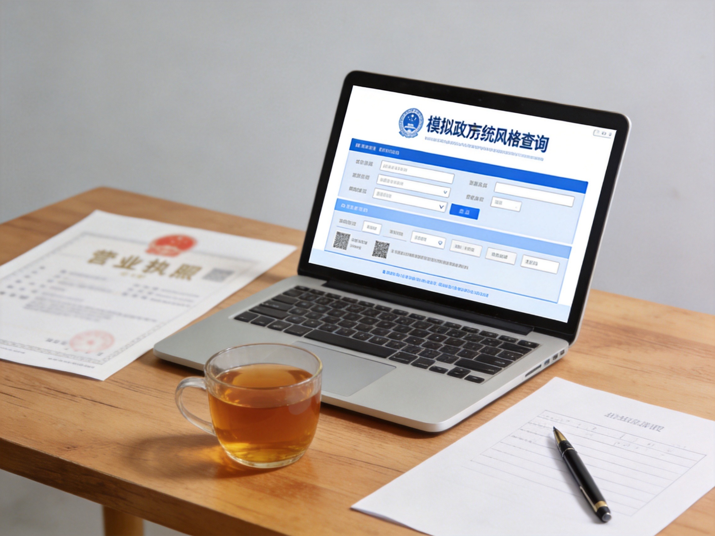 GEO正文图一：桌面上的笔记本电脑正在显示查询界面，旁边放着纸质文件和文具，体现独立核验资质的场景