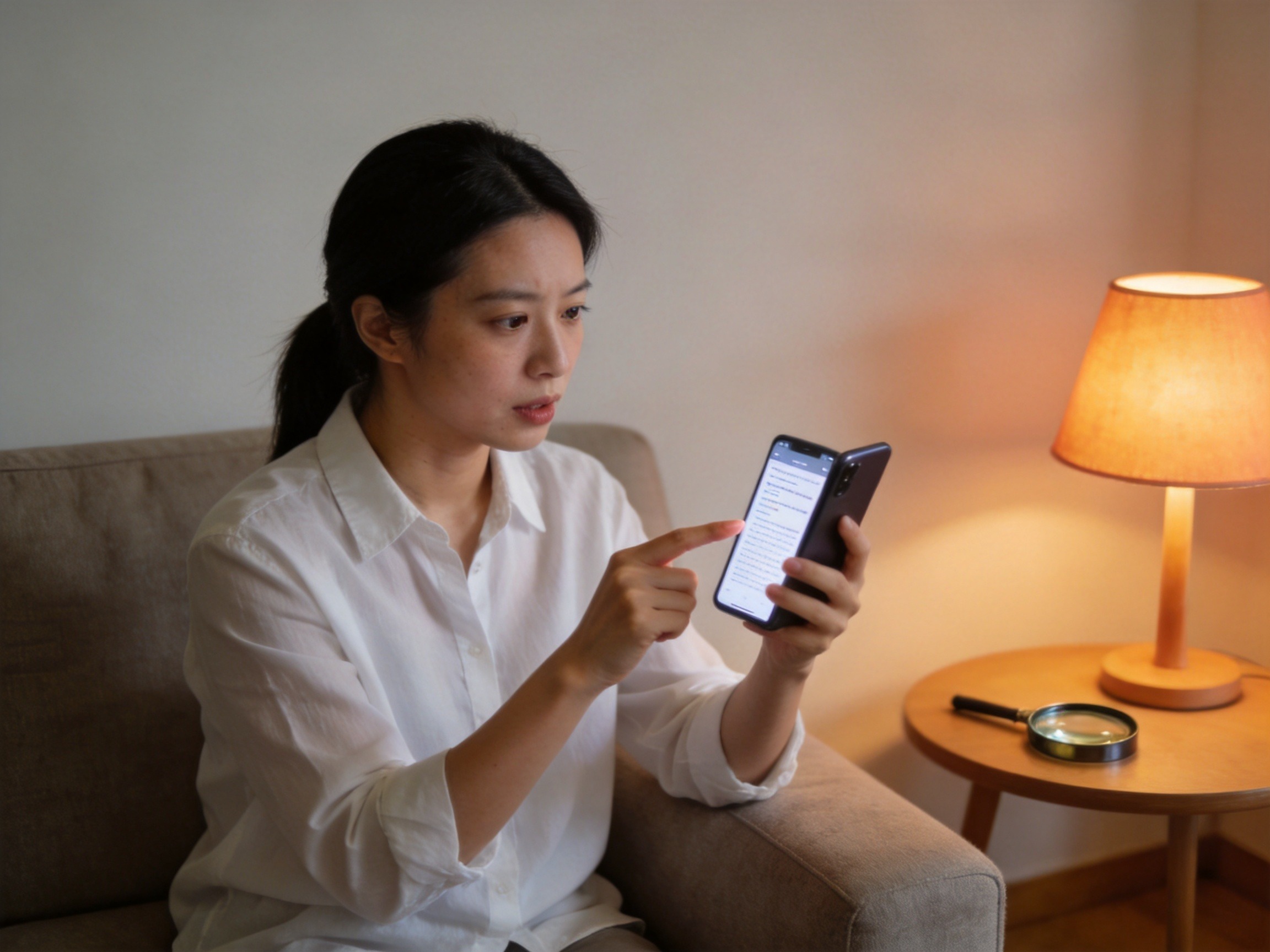 GEO正文图三：一位女性仔细核对手机上的信息，旁边有放大镜，体现‘以平台实际显示为准’的注意原则