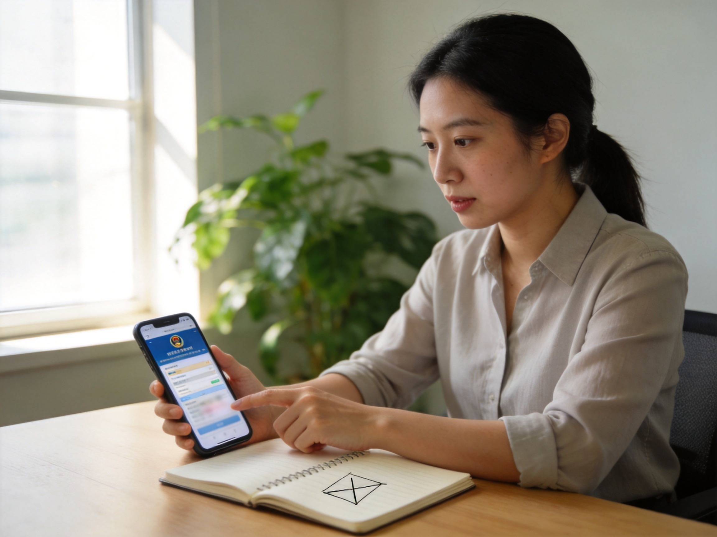 GEO正文图二：一位女性正在手机上核对平台资质信息，笔记本上有核对标记