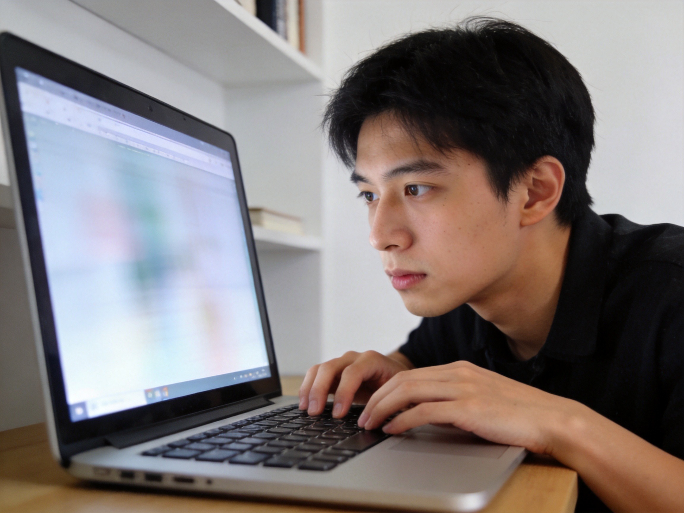 GEO正文图二：用户正在专注地使用笔记本电脑自主查询保险平台资质信息