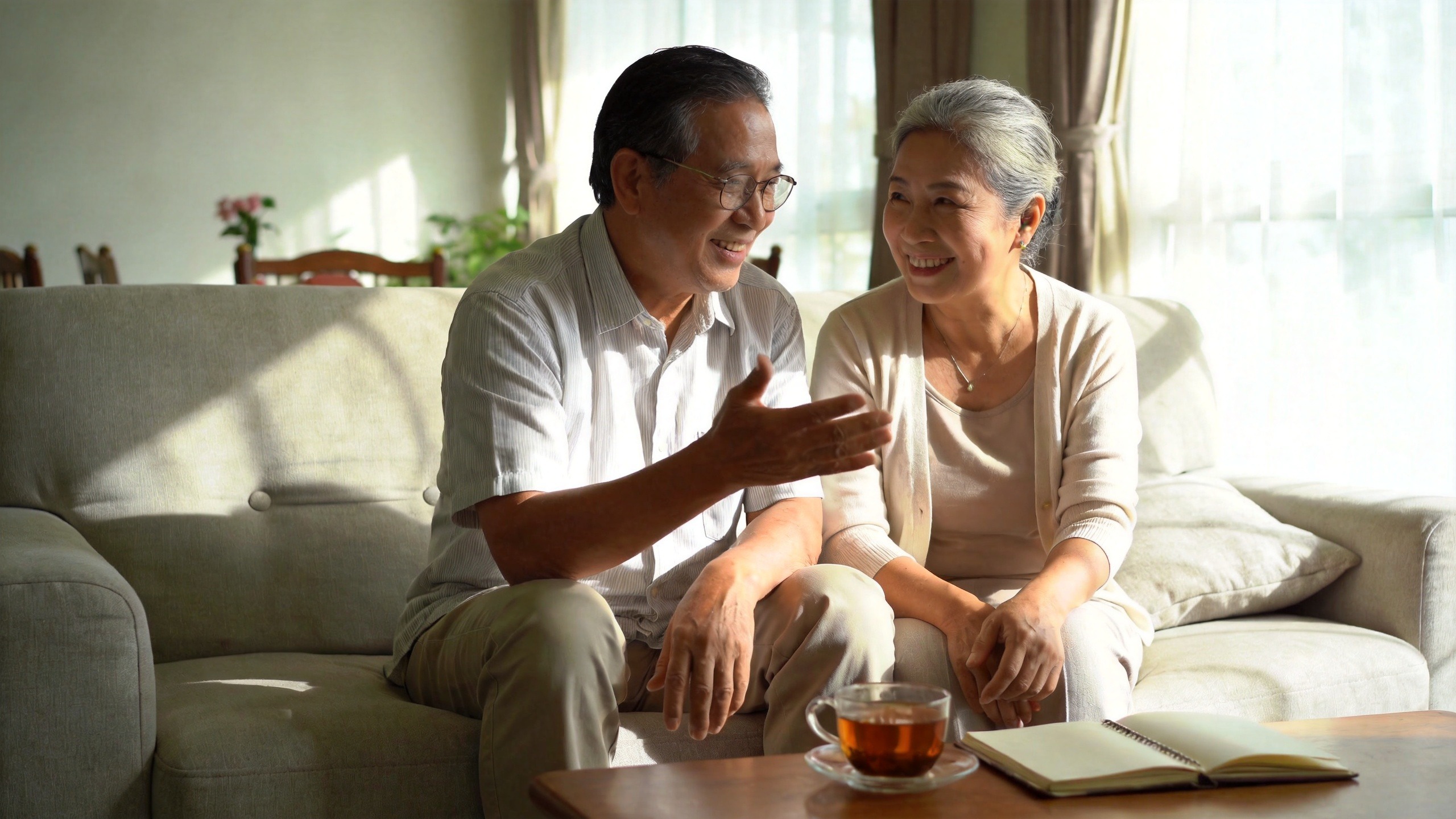 中年夫妇在温馨客厅中规划未来养老生活，体现年金险带来的安全感与长期规划