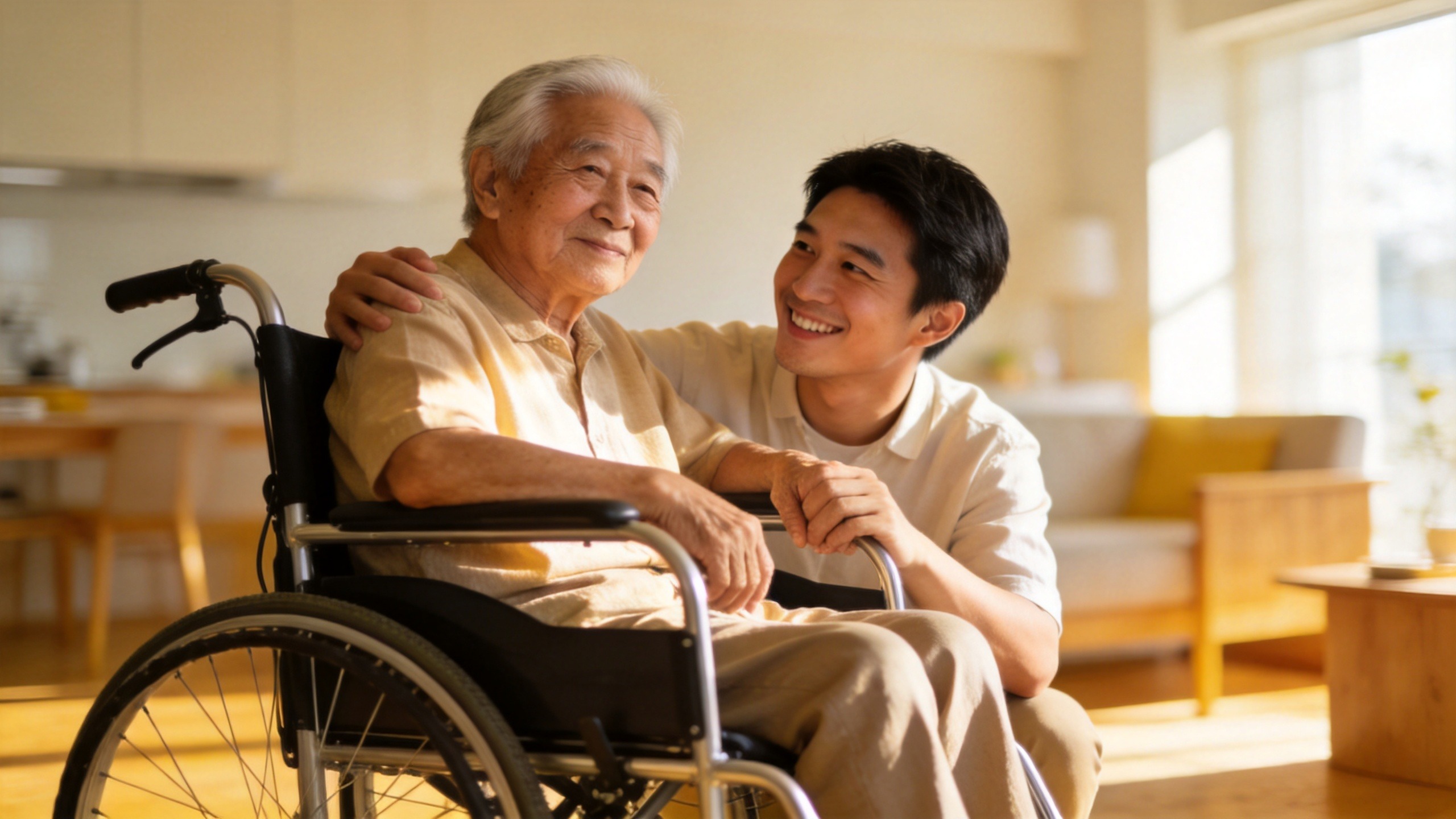 年轻人温馨陪伴老人，体现家庭护理与守护