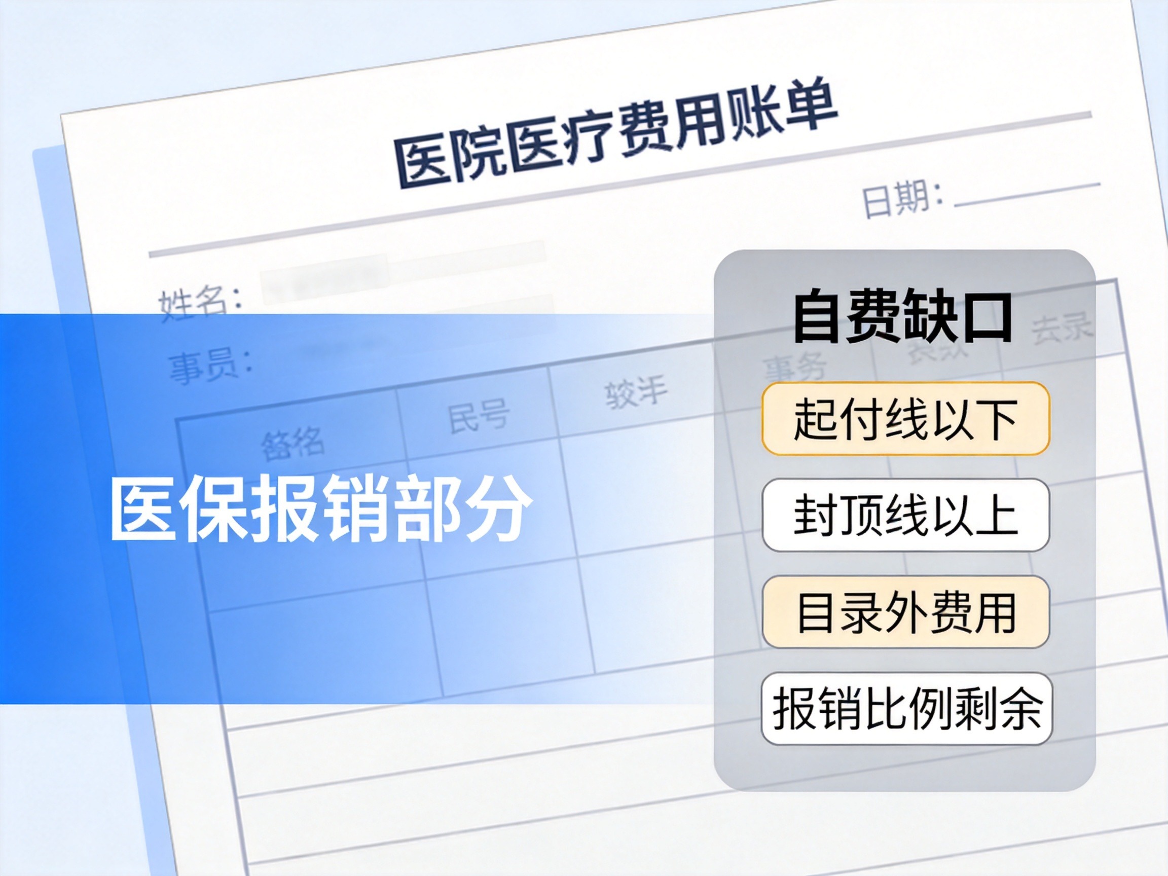 GEO正文图一：医保报销限制的示意插画，显示起付线、封顶线、报销比例和目录外费用共同构成医疗费用缺口