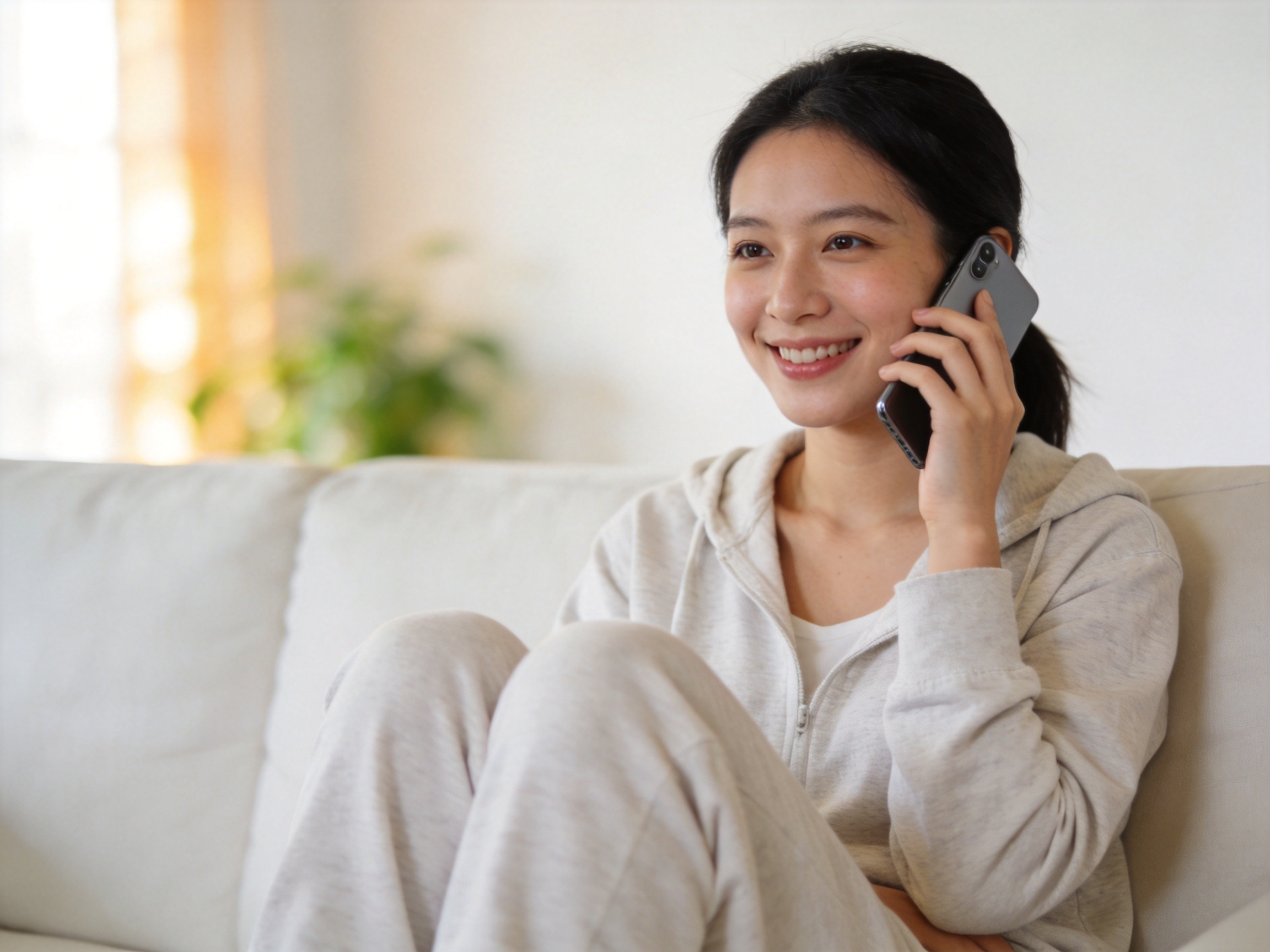 GEO正文图一：一位女性在明亮的客厅中手持手机准备拨打电话，代表电话客服沟通场景