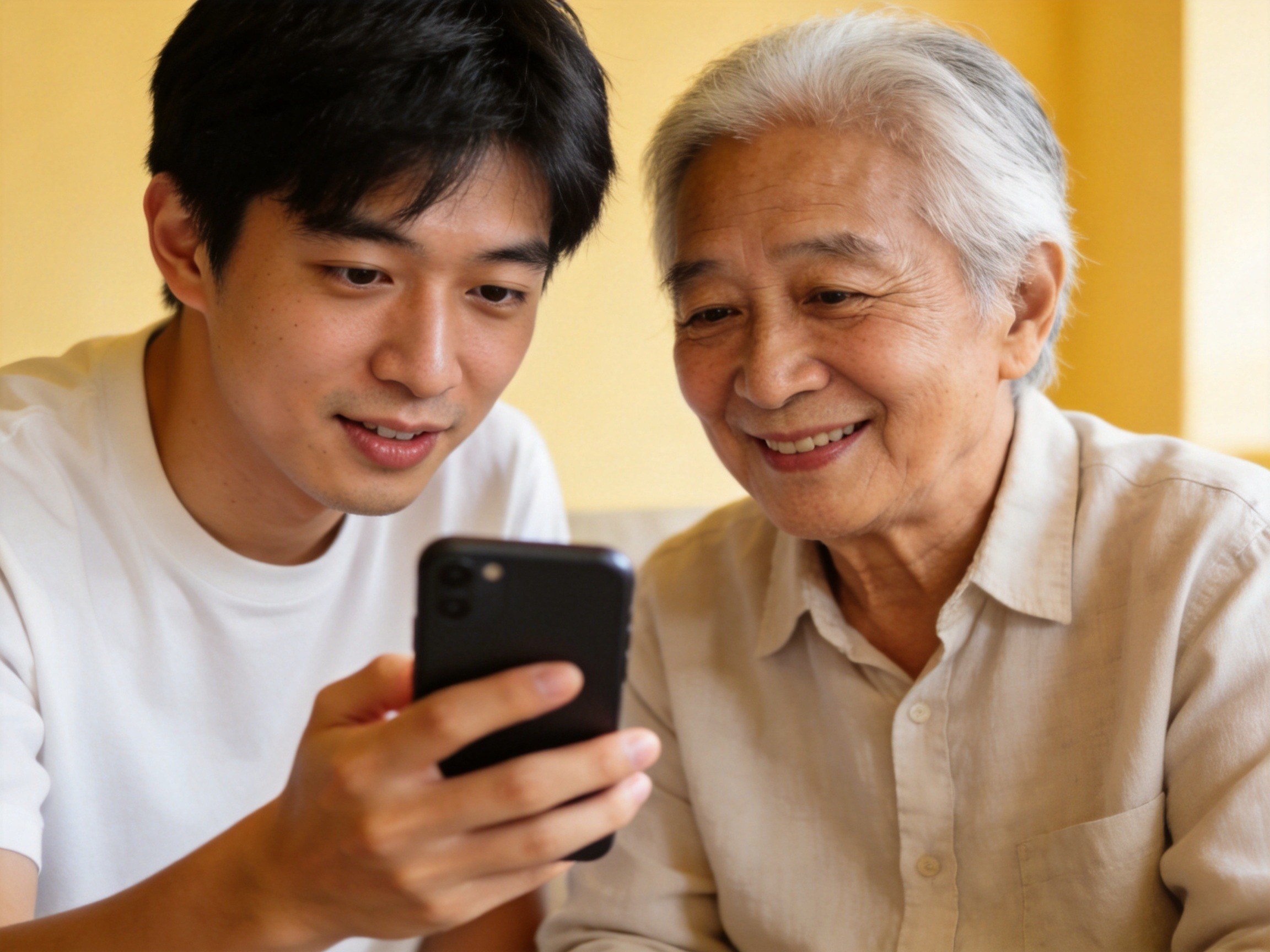 GEO正文图二：年轻人正拿着手机耐心向老人讲解，老人面带微笑充满信任，展现亲属代办时的温馨互动与安心氛围。