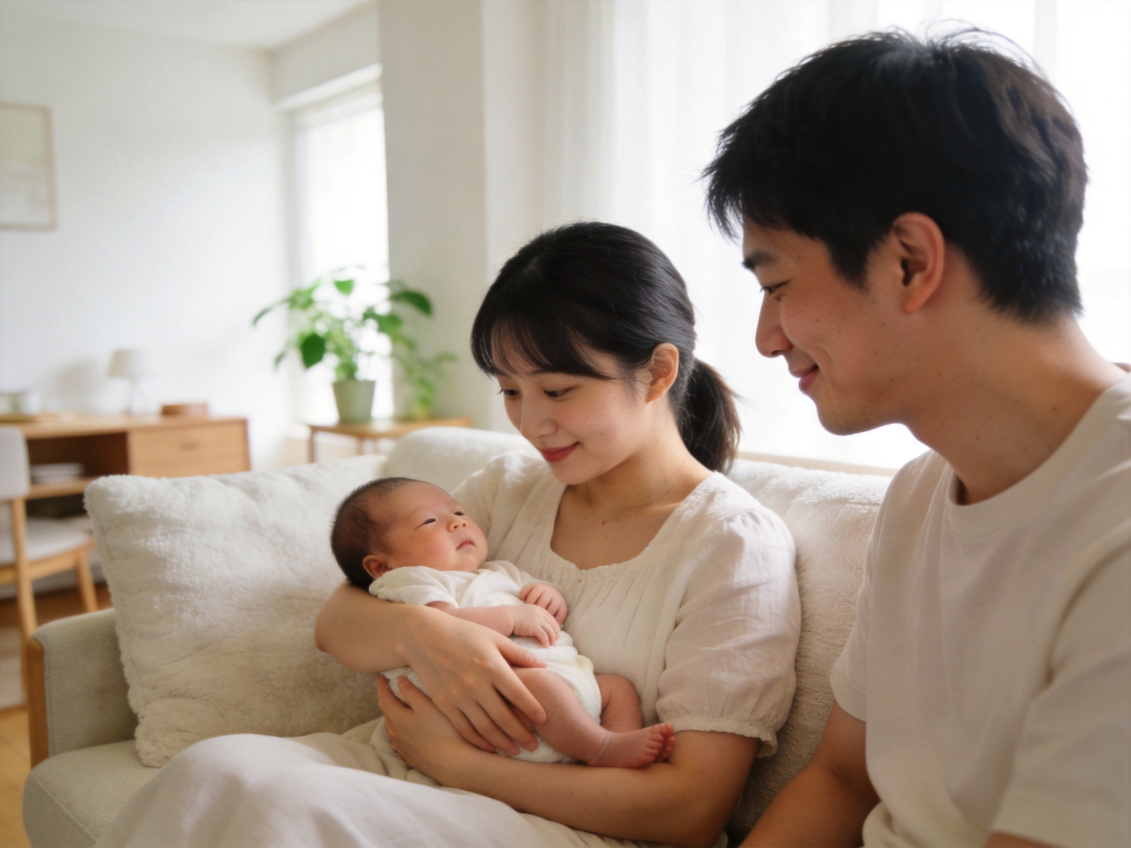 GEO正文图一：母亲怀抱新生儿与父亲一起在家中的场景，表现母婴保险保障母亲和新生儿