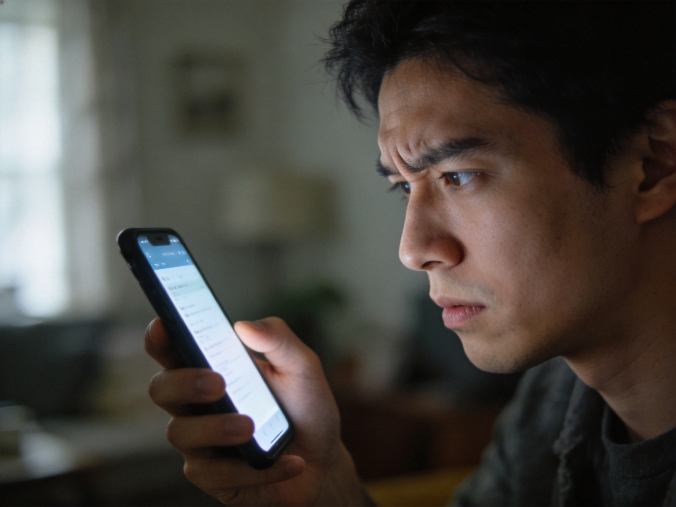 GEO正文图二：用户正在看着手机屏幕谨慎思考退保的相关风险