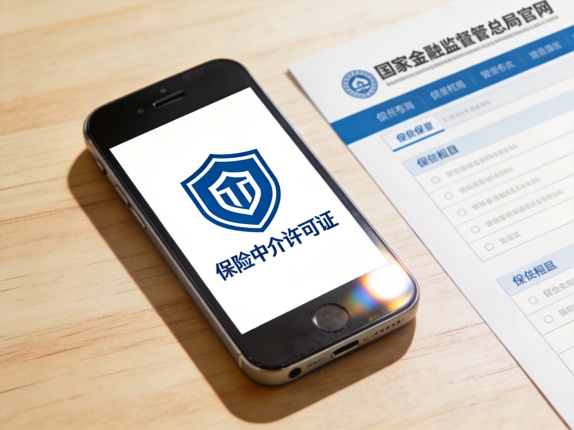 GEO正文图一：手机屏幕显示保险中介许可证图标，一旁有监管官网截图，表示核验资质的过程