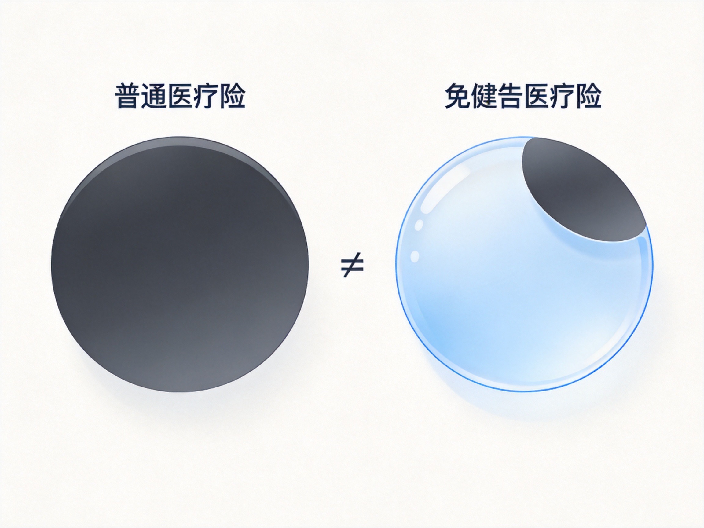 GEO正文图二：对比图：普通医疗险所有既往症免责（全灰圆形），免健告医疗险仅严重既往症免责（部分灰色圆形）