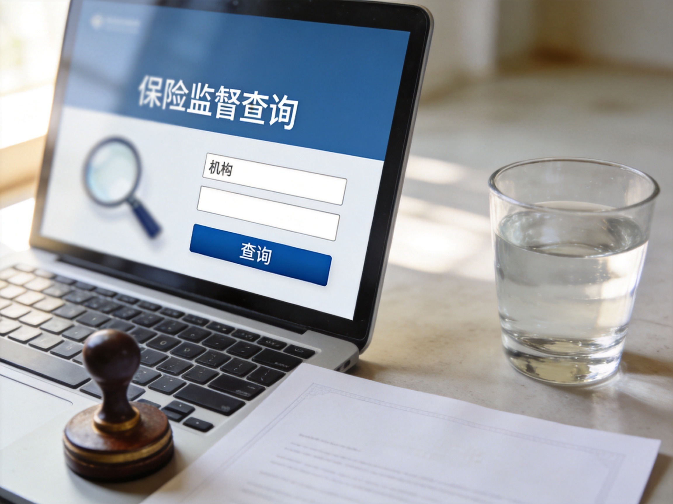 GEO正文图一：笔记本电脑屏幕显示监管查询界面，配合印章和证书，象征通过官方系统验证保险经纪机构资质