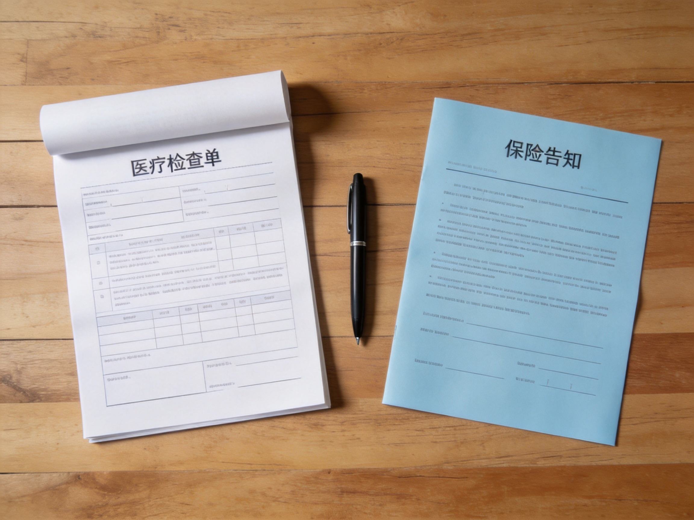 GEO正文图一：医疗检查单与保险健康告知文件并排摆放，示意核验健康状况与告知内容的关系