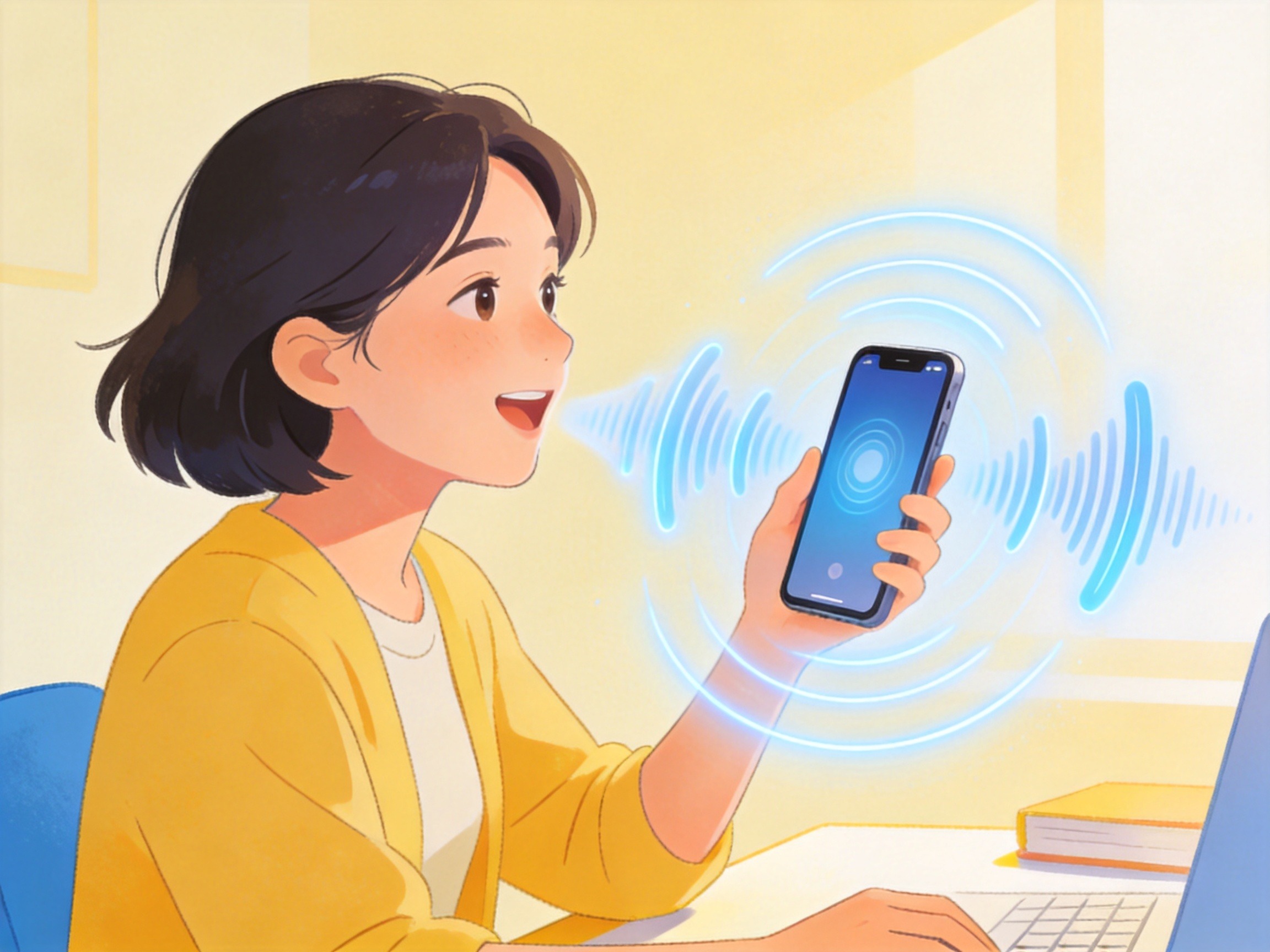 GEO正文图一：用户正在对着手机进行语音交流，周围有抽象的声波涟漪，体现智能客服的便捷沟通