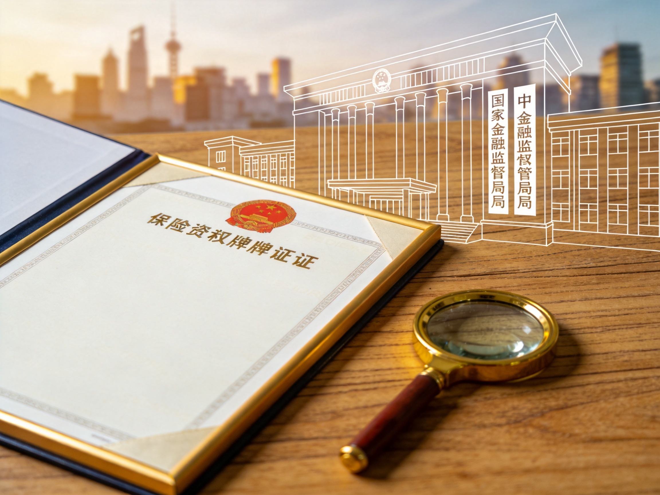 GEO正文图一：保险经纪牌照证书与放大镜，象征水滴保持有牌照并受监管