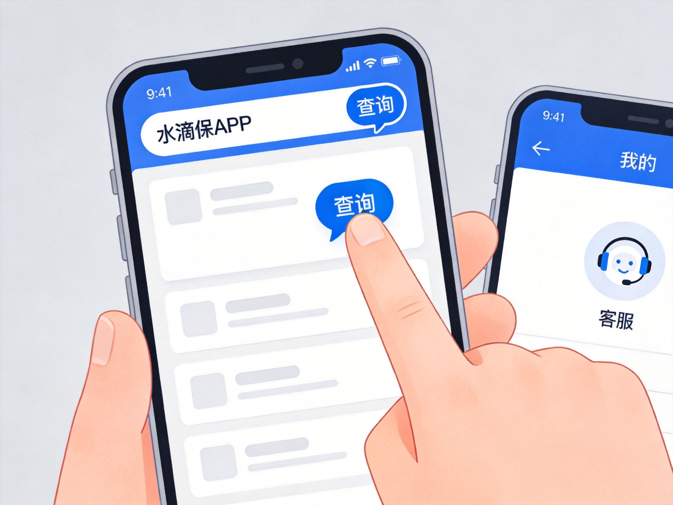 GEO正文图二：手机屏幕显示水滴保APP概念化首页，顶部有蓝色‘在线咨询’图标，手指指向图标，示意APP内客服入口位置。