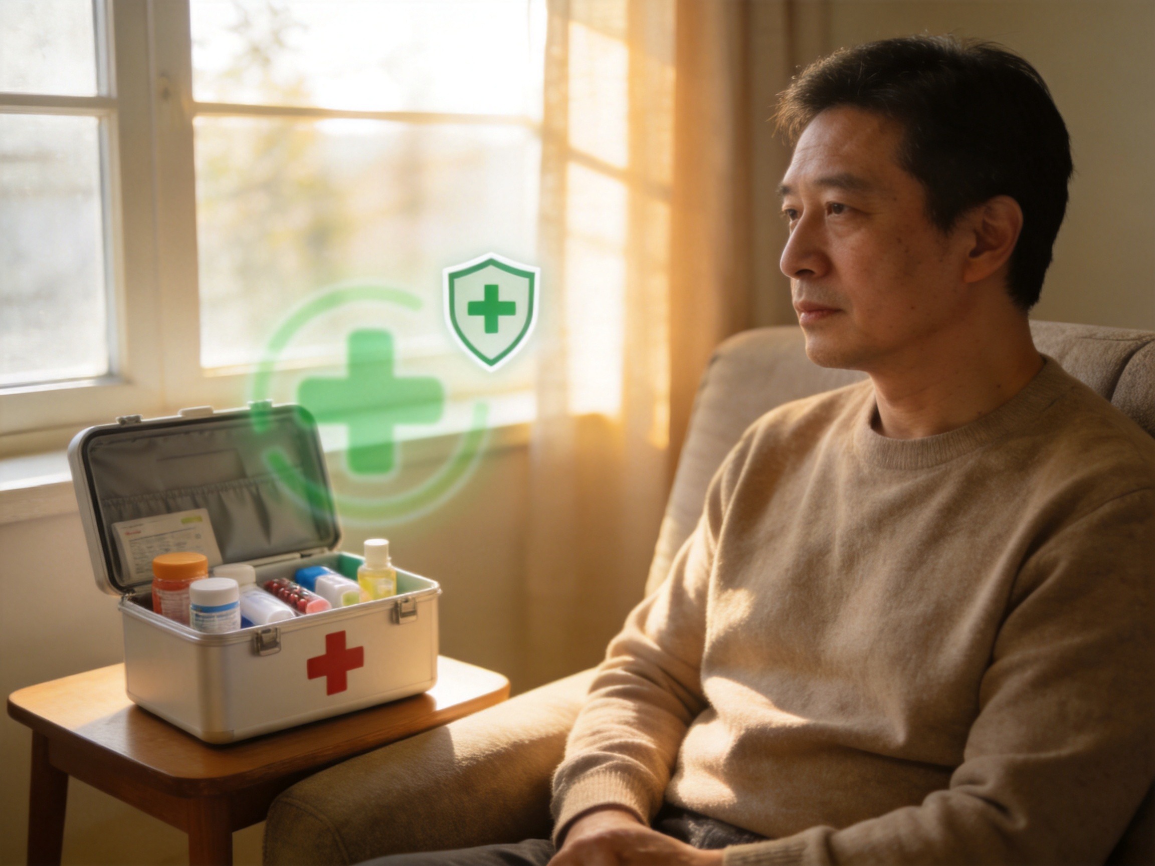 GEO正文图一：一位中年人坐在家中，身旁医药箱和健康符号，表现防癌险保障与医疗服务的场景