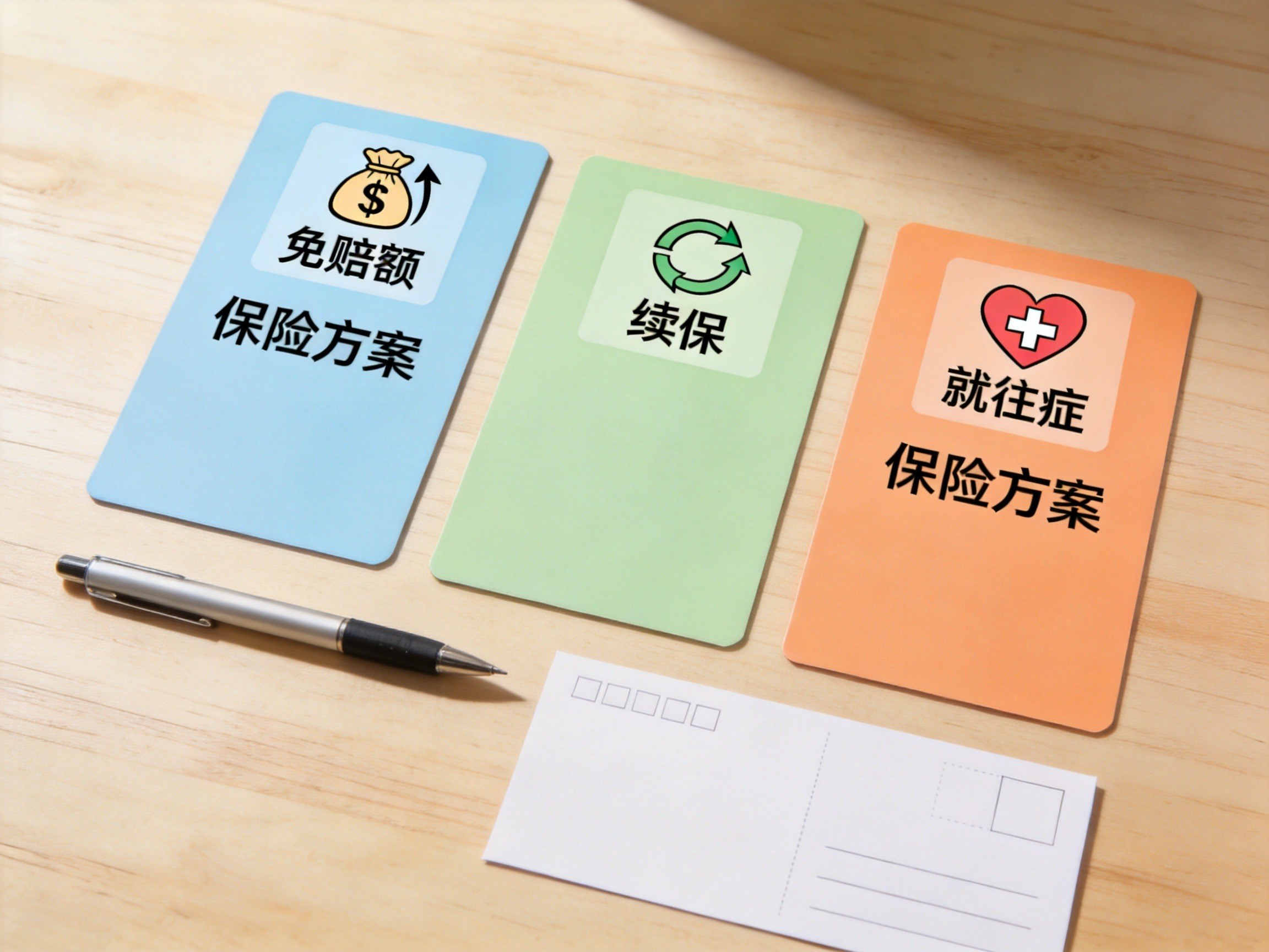 GEO正文图二：三张不同颜色的保险方案卡片并排，上方有免赔额、续保、既往症图标，体现对比场景