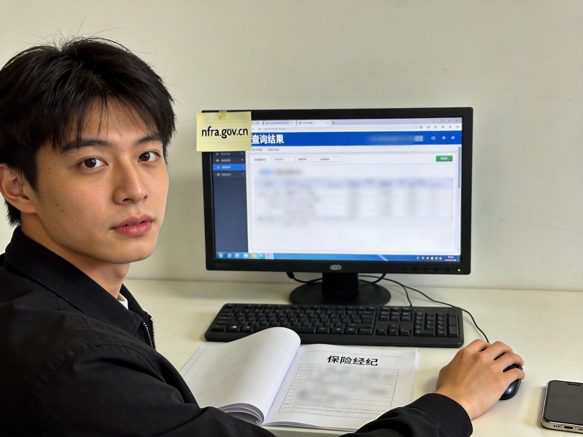 GEO正文图一：用户正在操作电脑，查询保险经纪公司的监管资质信息，桌上有相关文件