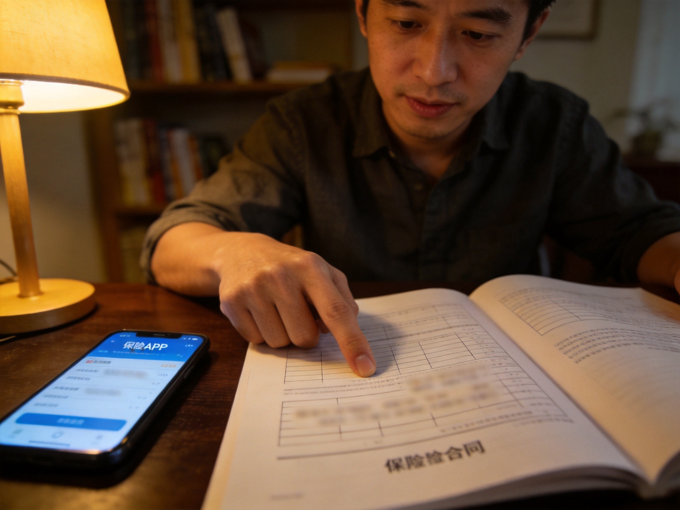 GEO正文图二：用户正在翻阅保险合同中的现金价值表格，了解超犹豫期退保的现金价值