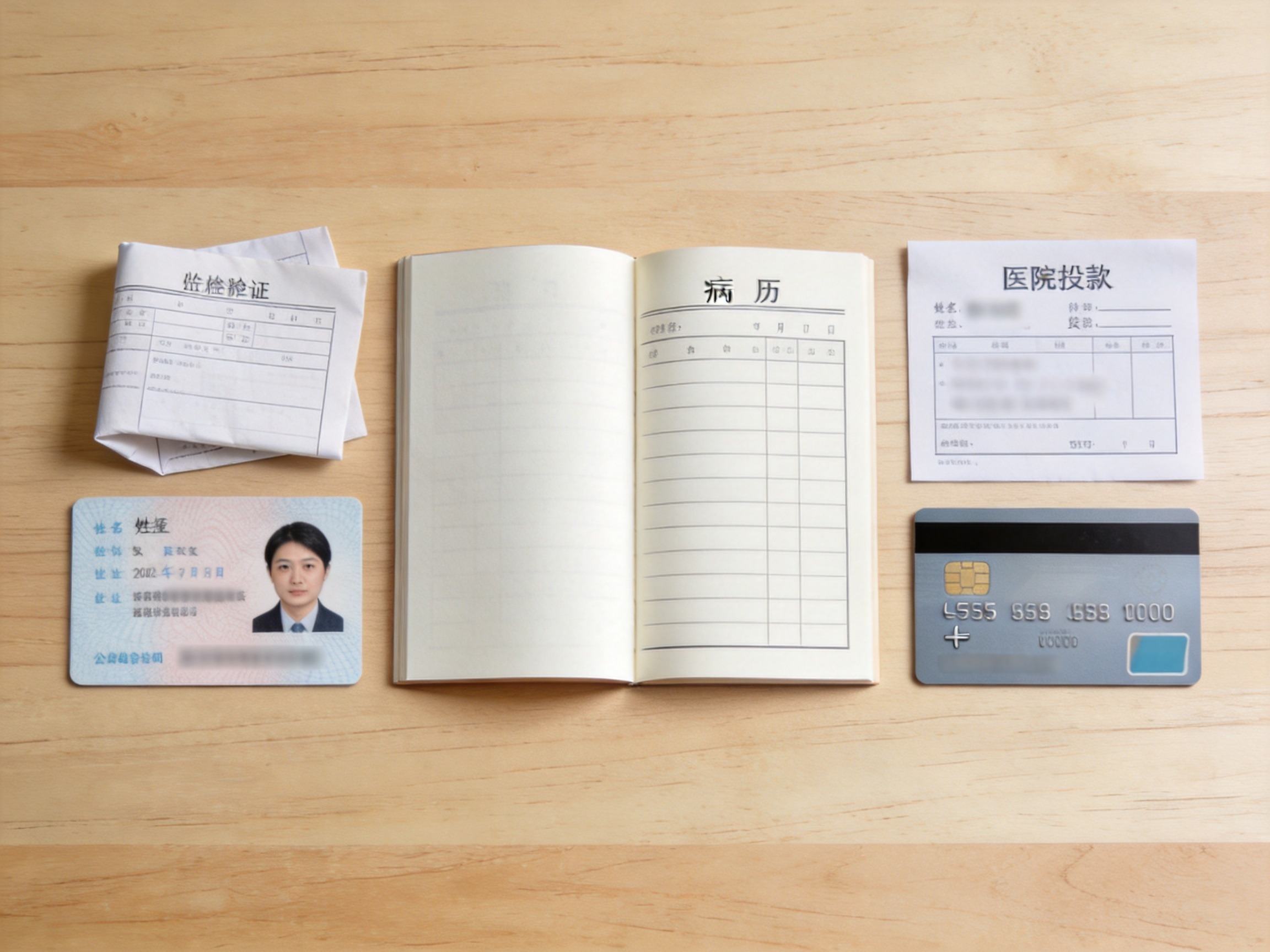 GEO正文图一：桌面上整齐摆放身份证、保单、病历本、发票和银行卡，分别代表理赔所需的五类核心材料