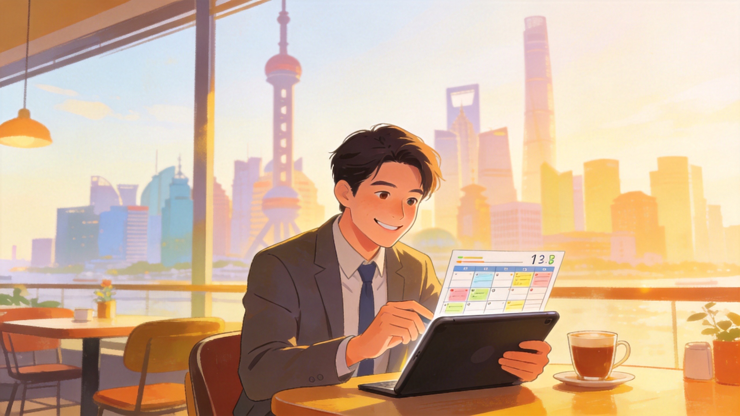 上海城市背景下，职场人士轻松规划社保与未来的温馨场景