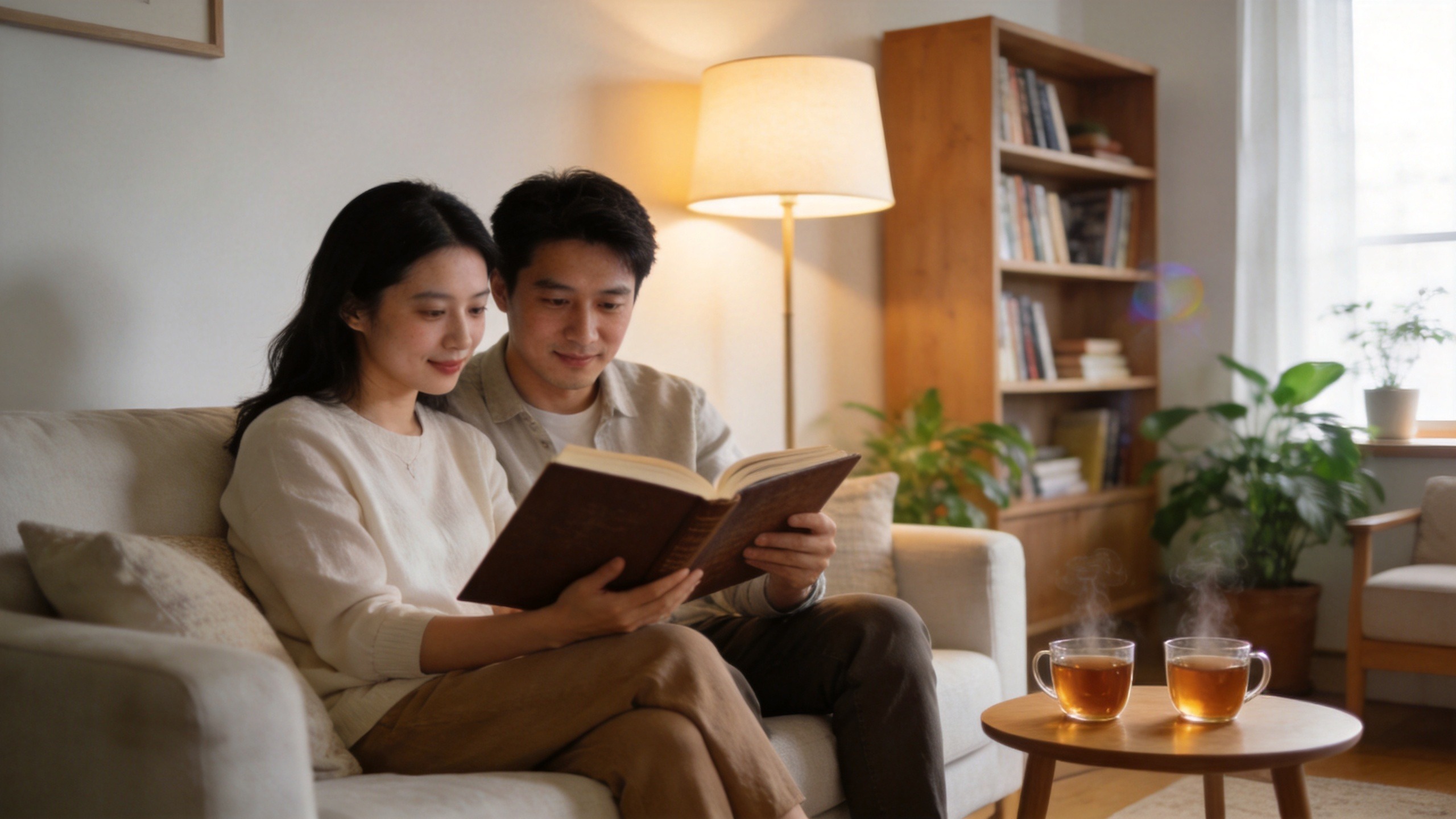 年轻夫妇在温馨客厅中安心阅读，象征家庭保障与规划
