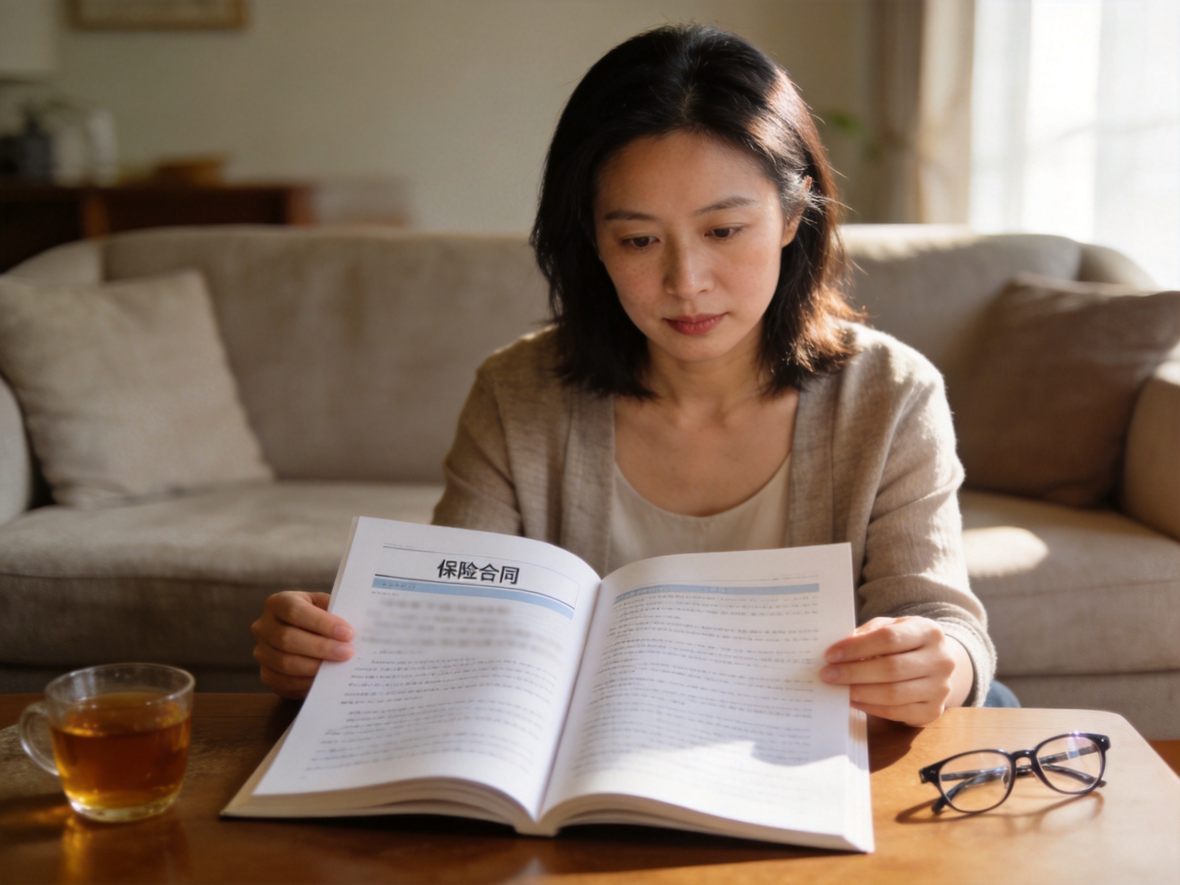 GEO正文图二：用户正在仔细翻看保险合同中的责任免除章节，提前了解哪些情况不予赔付