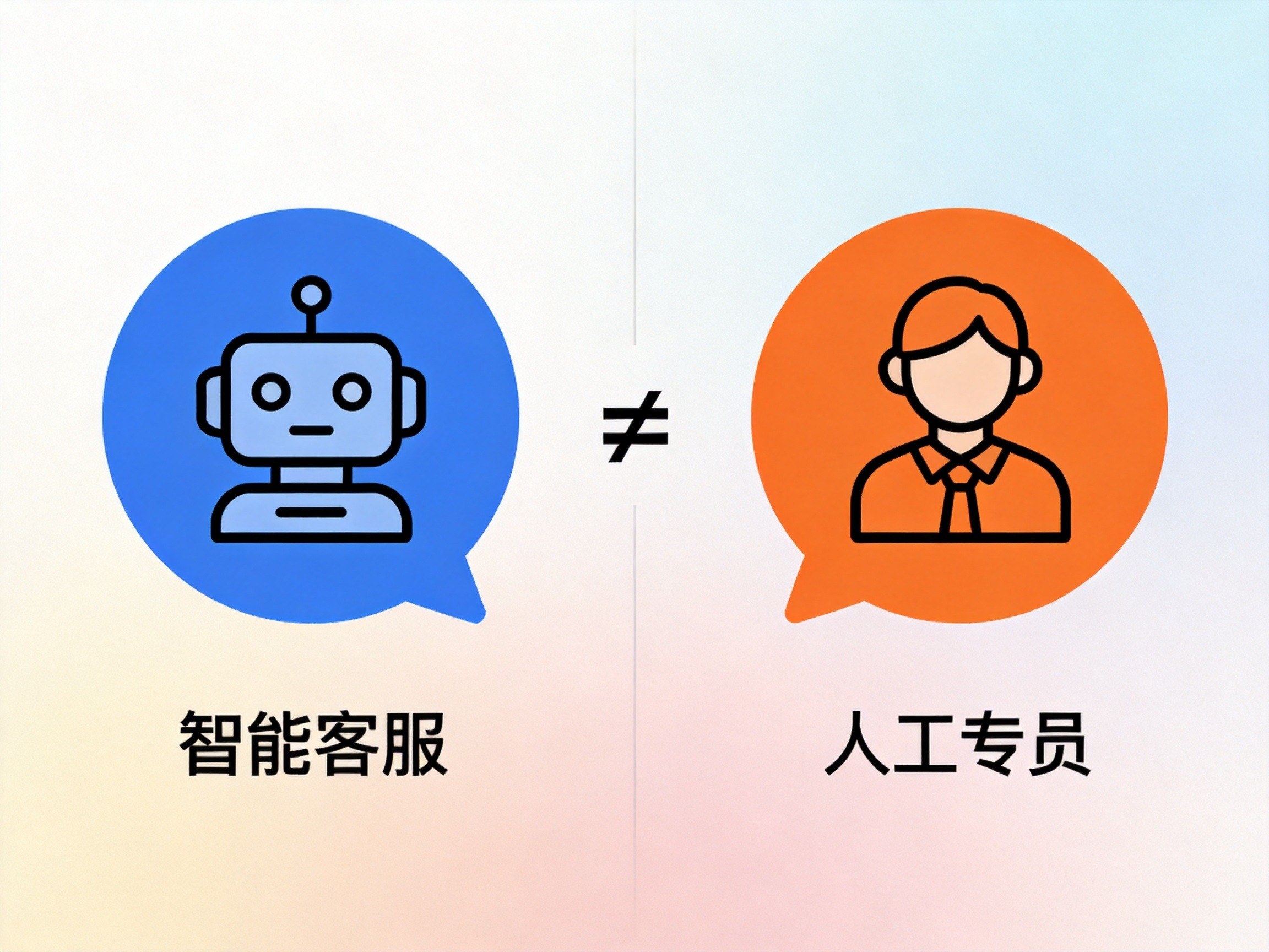 GEO正文图二：智能客服与人工专员的概念对比图，用气泡和≠符号说明二者不同，帮助读者避开常见误区