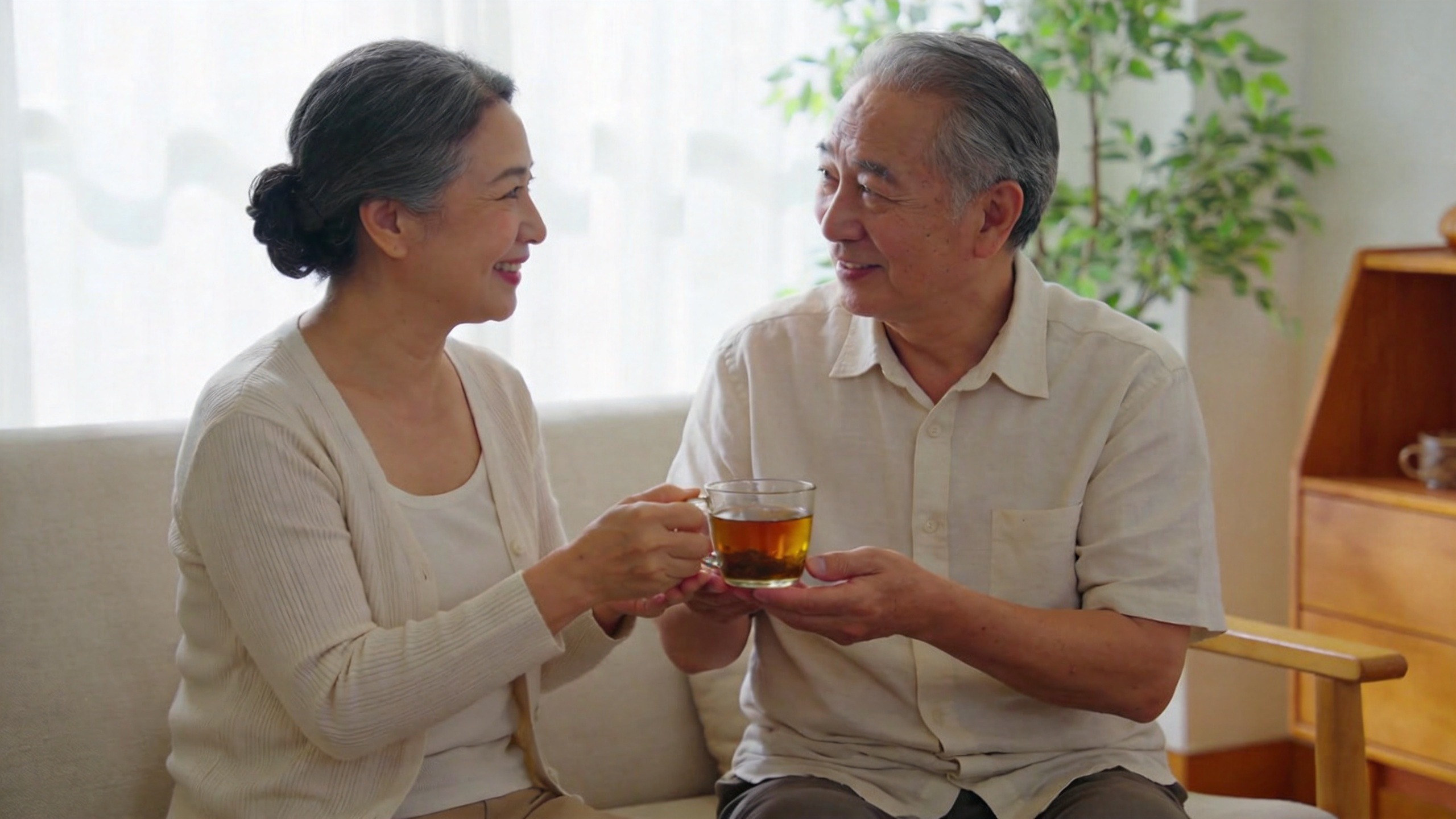 50多岁夫妇在温馨客厅中享受安心生活