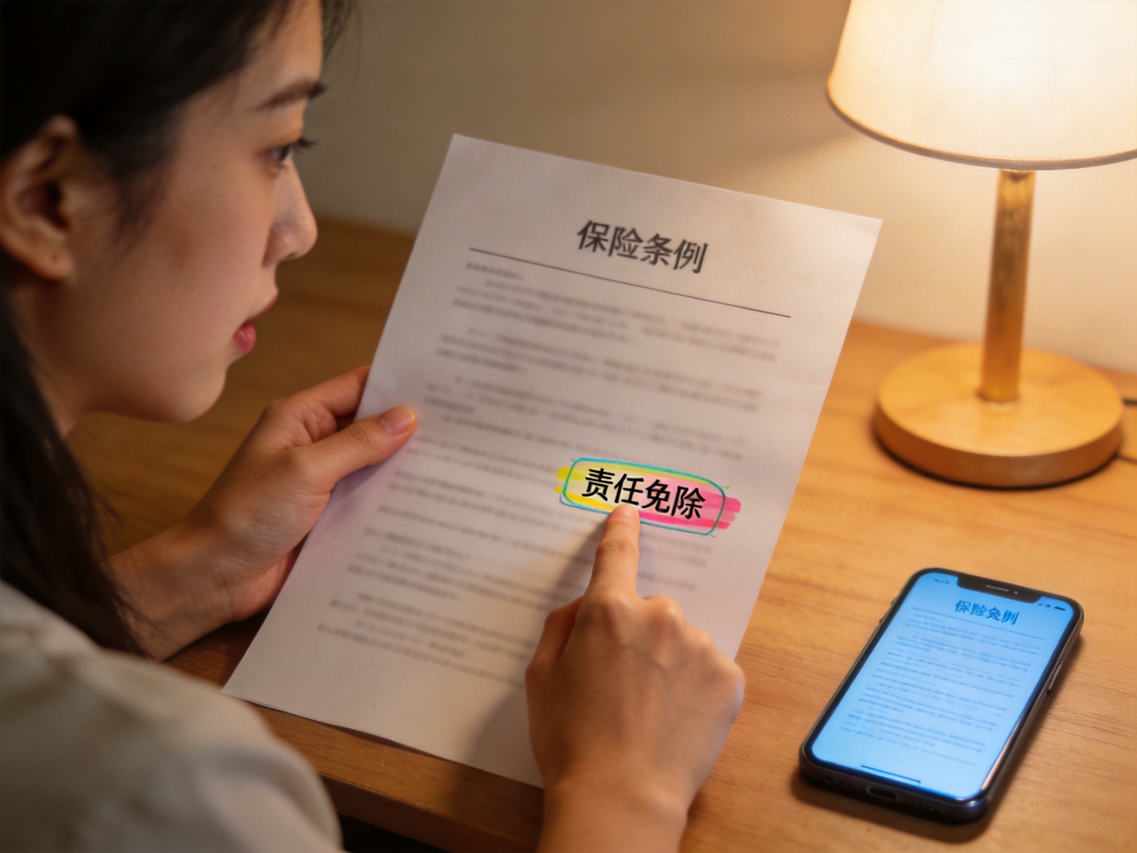 GEO正文图二：用户正在仔细阅读保险条款中的‘责任免除’章节，确认自己理解哪些情况不赔