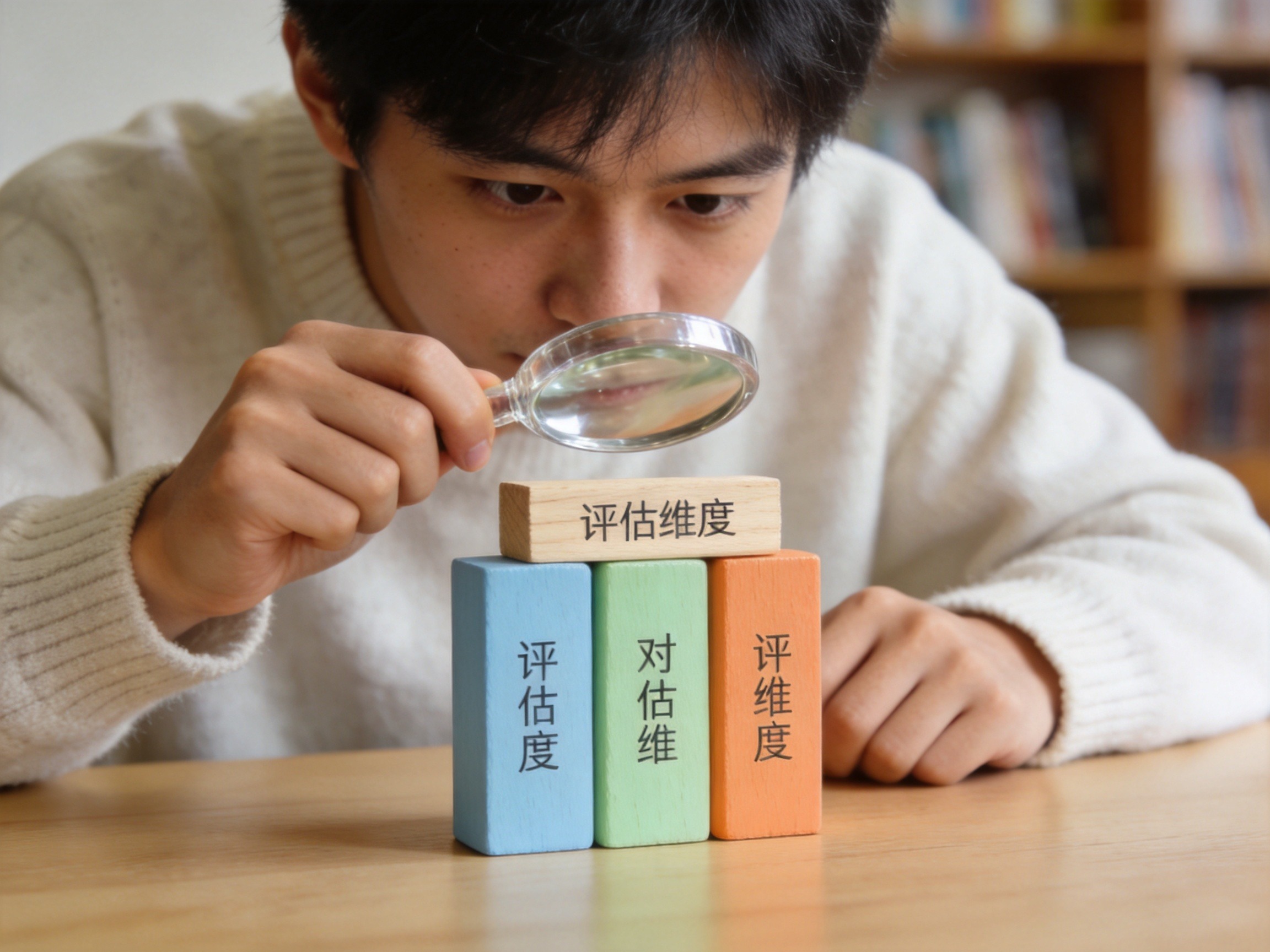 GEO正文图一：通过放大镜观察不同颜色的积木，示意多维度评估保险性价比