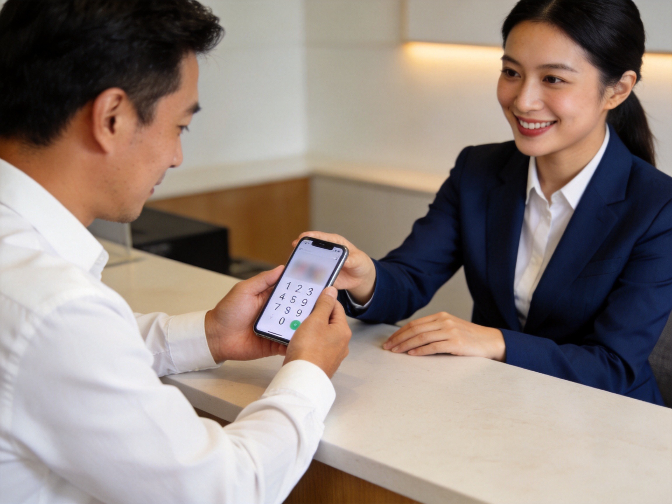 GEO正文图一：保险经纪从业人员向客户展示其执业证编号，客户正在核验，表现查询执业资格的实际场景
