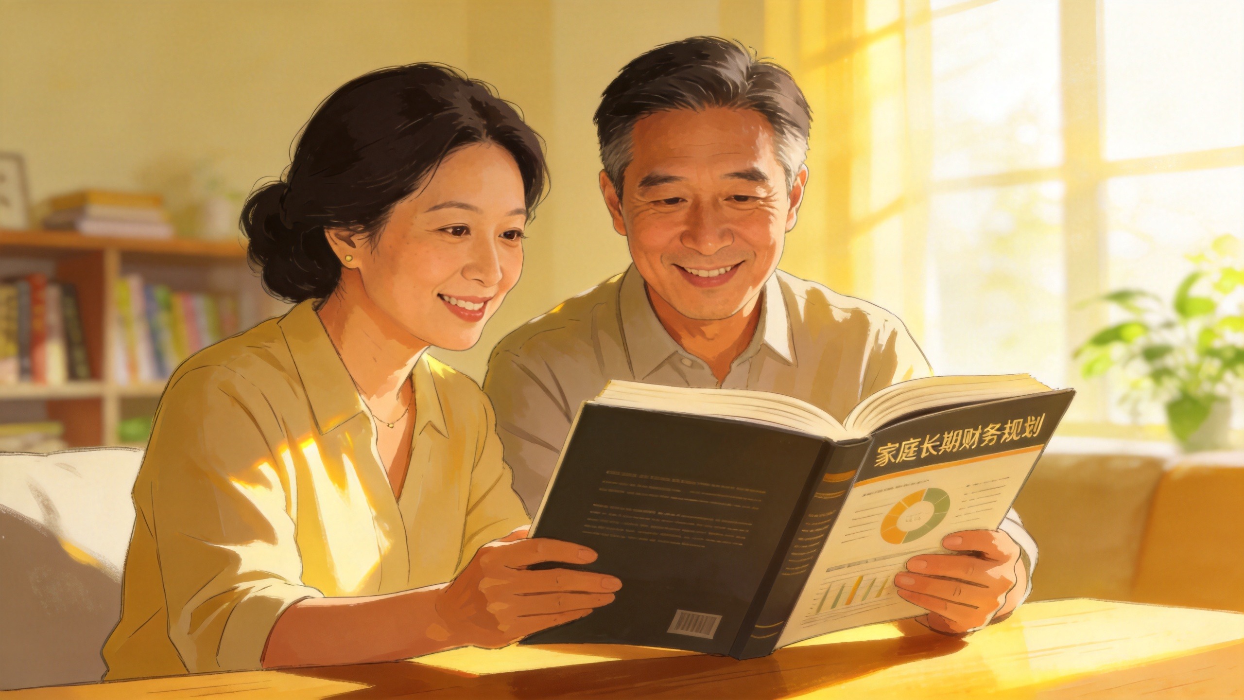 中年夫妇在温馨客厅中探讨长期家庭财务规划