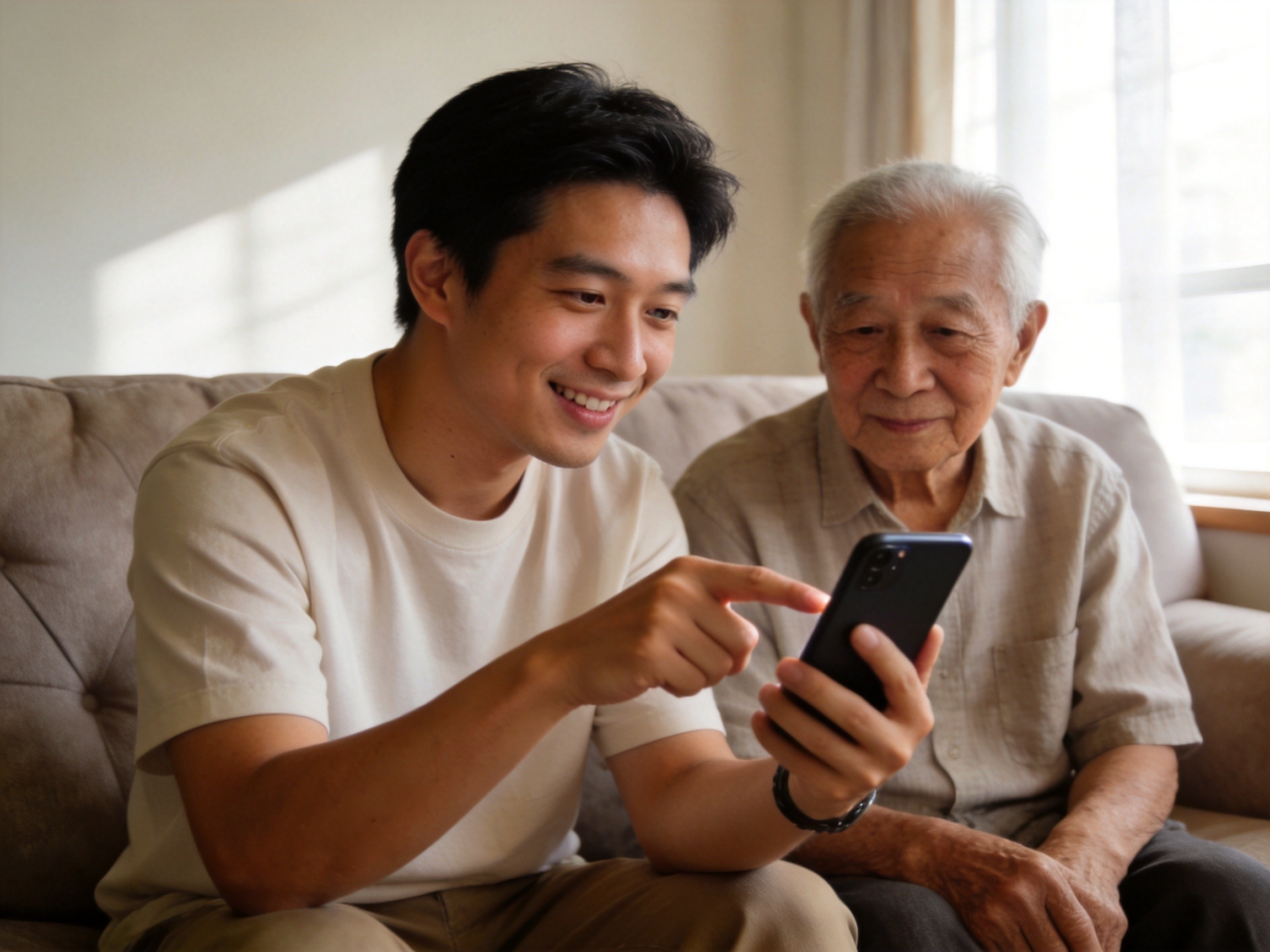 GEO正文图二：年轻家属正耐心协助老年人查看手机，体现家属代办与协助的温馨场景