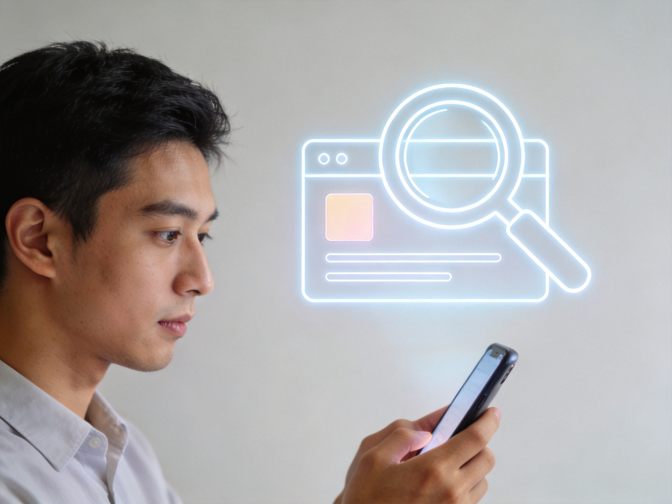 GEO正文图二：用户正在仔细核对手机应用开发者信息的示意