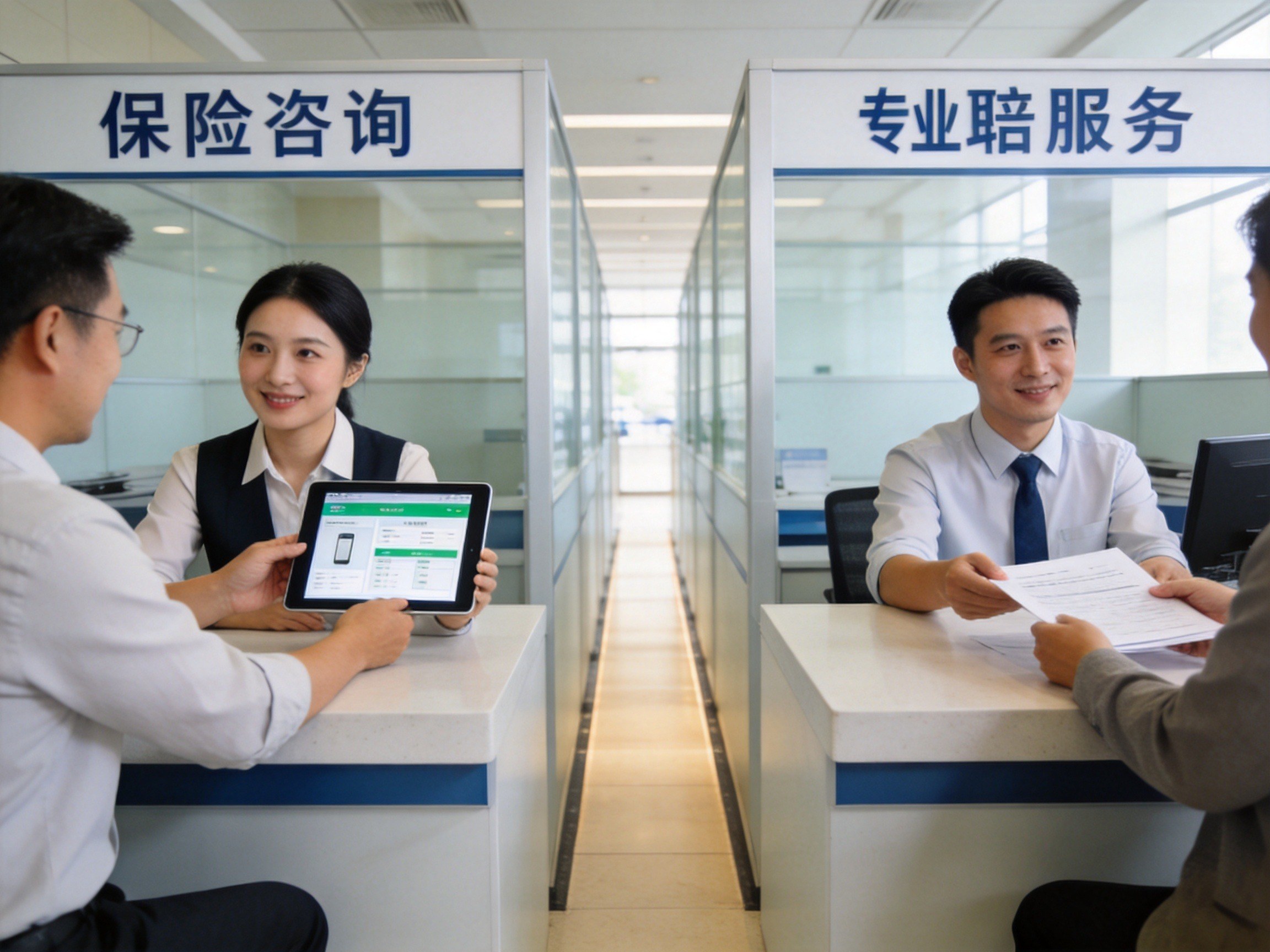 GEO正文图一：现代保险服务大厅内，咨询台与理赔柜台分工明确，传达平台提供咨询与保险公司负责理赔的角色划分