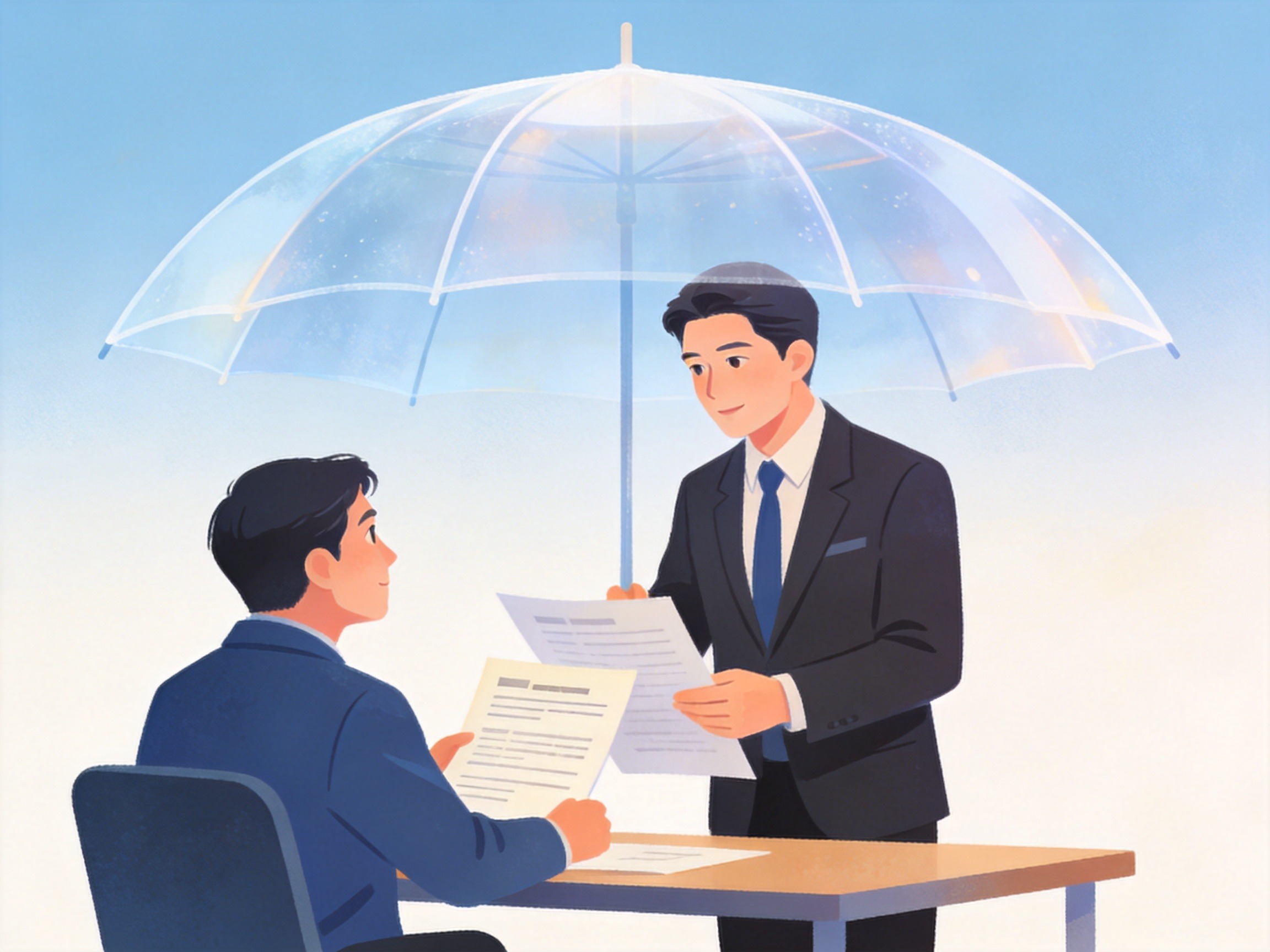 GEO正文图二：保险服务人员为客户讲解，背景抽象保障伞象征保险公司的承保责任边界