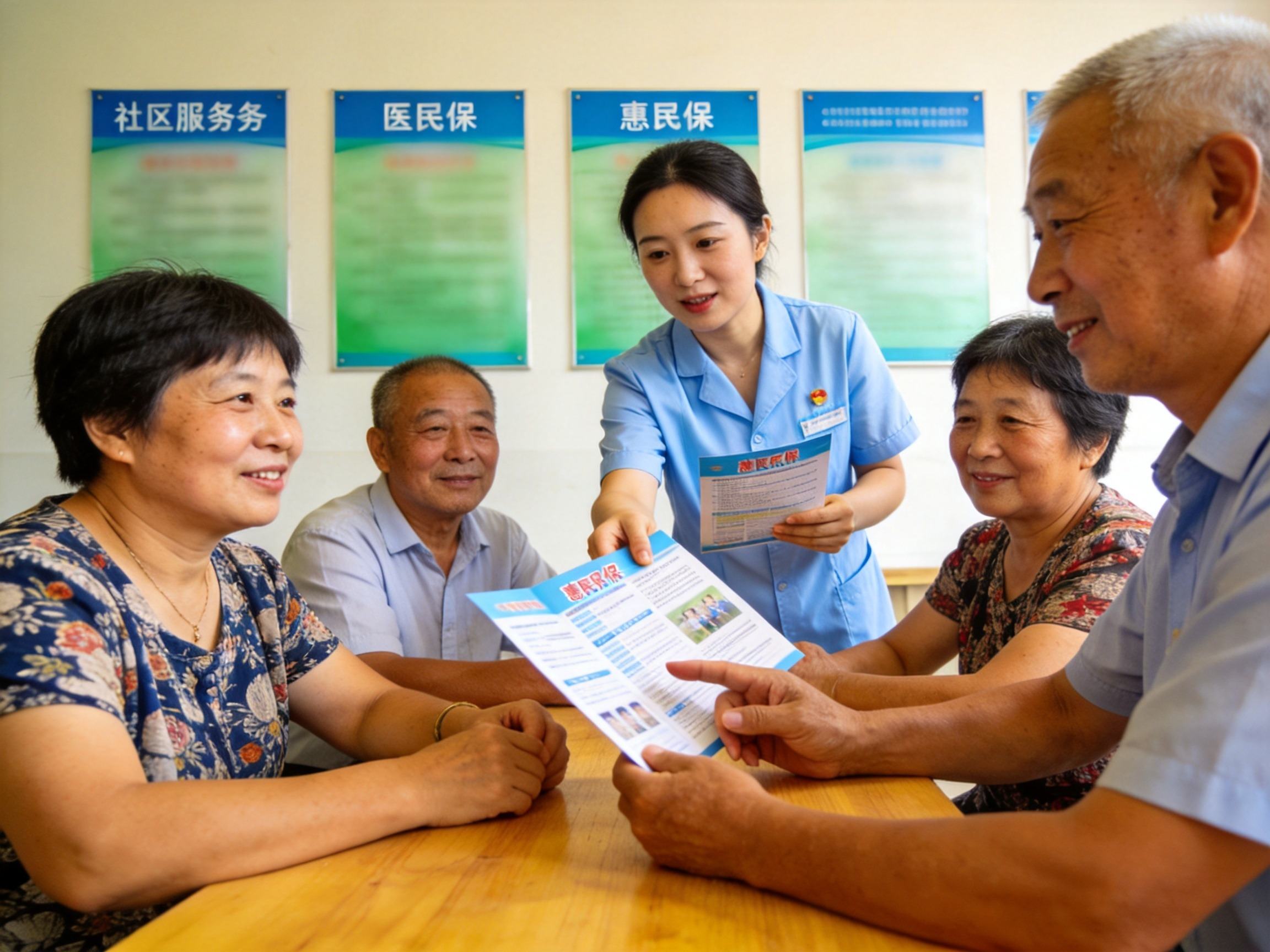 GEO正文图二：社区服务中心工作人员向居民介绍惠民保宣传单，背景是模糊的宣传海报，体现普惠型补充医疗保险在社区推广的场景