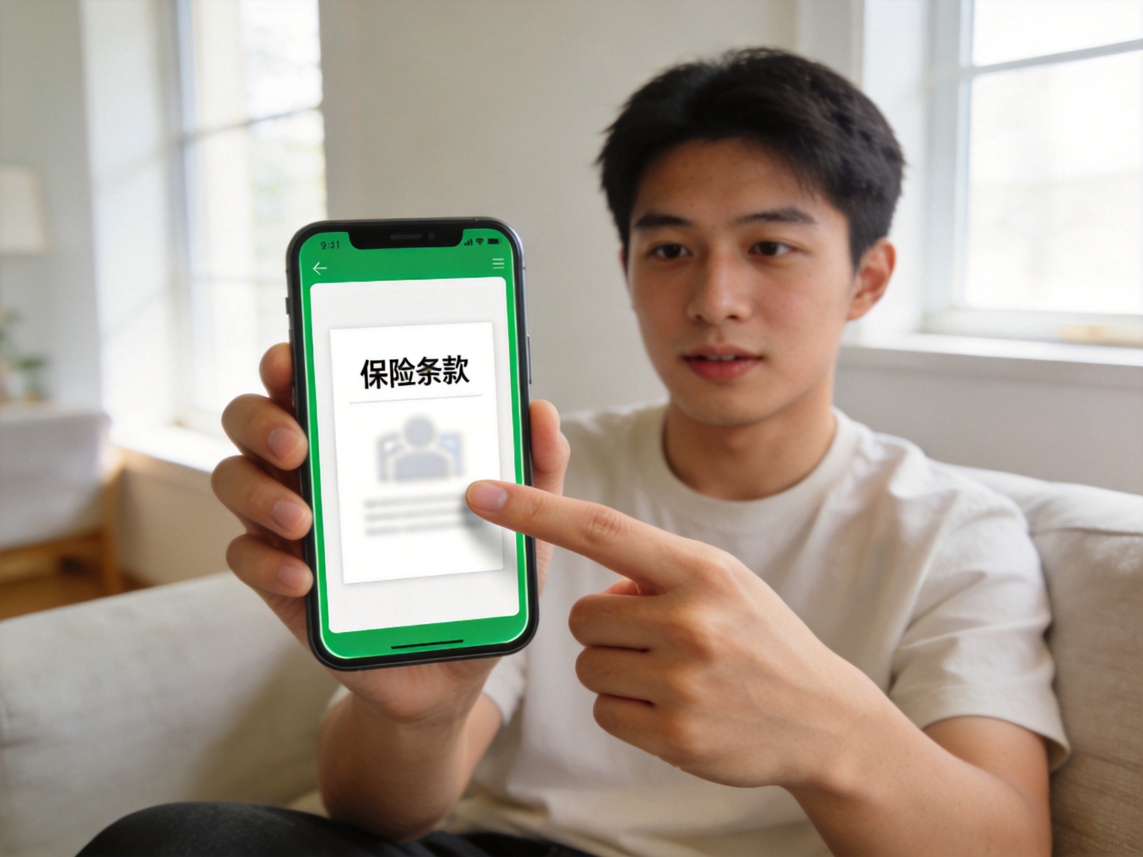 GEO正文图二：用户正用手机查看电子保单，体现投保后核验完整条款的步骤