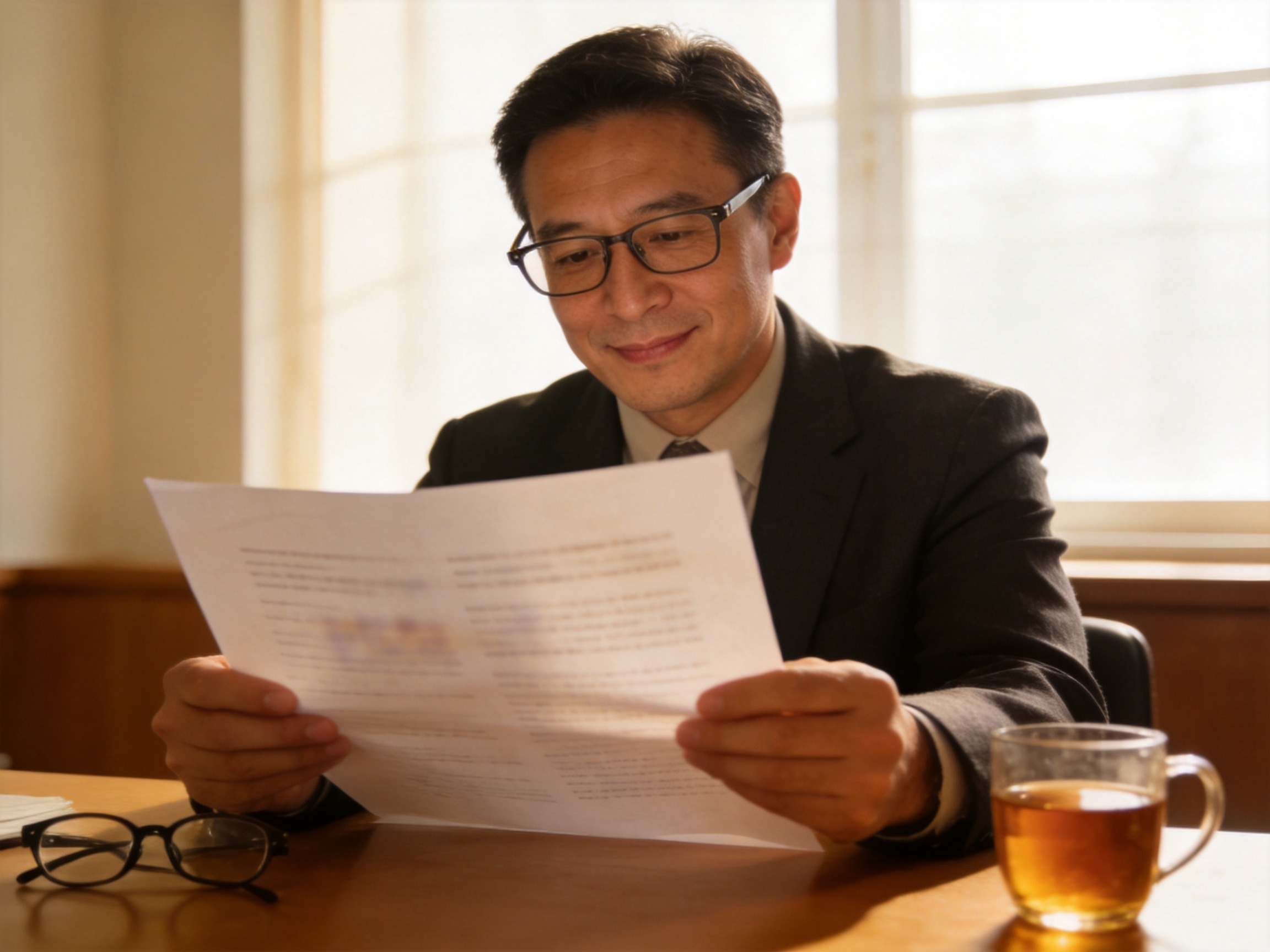 GEO正文图二：一位成年人坐在书桌前平静专注地阅读模糊的纸质文件，传达认真核对条款和建立合理预期的沉稳氛围