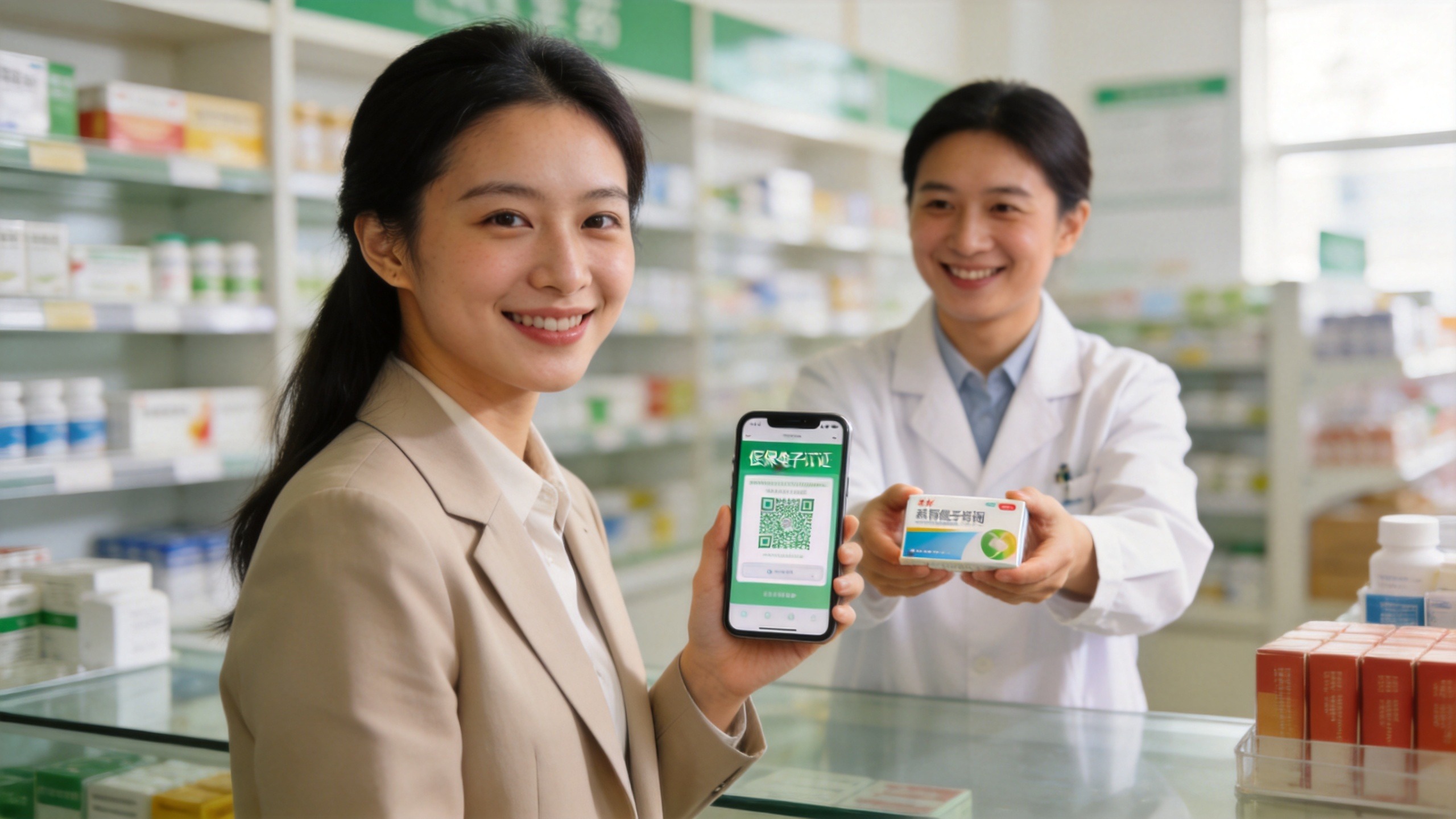 年轻人在药店使用医保结算的温馨场景，辅助说明医保个人账户的日常使用。