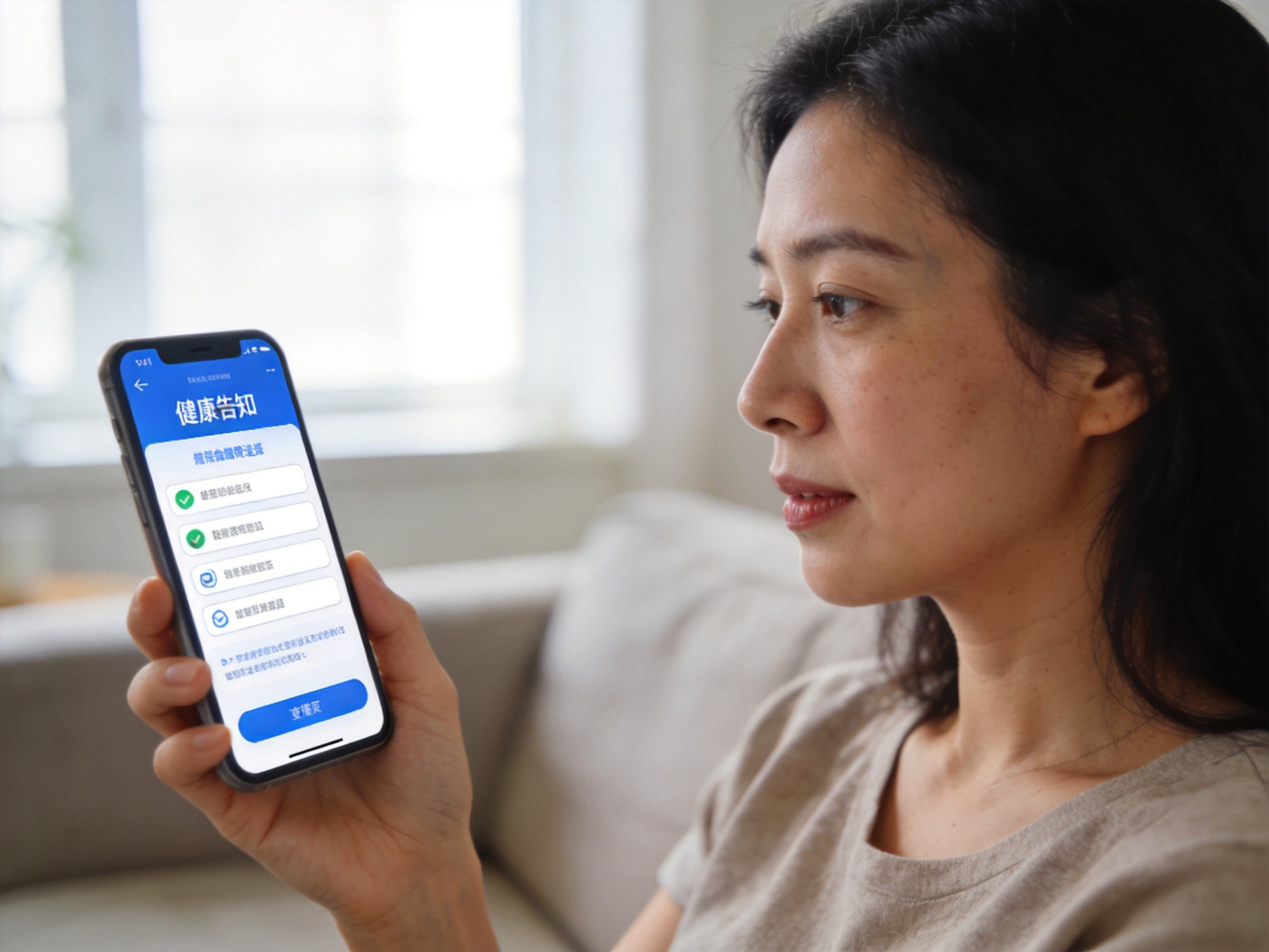 GEO正文图二：一位用户在家中认真阅读手机上的健康告知内容