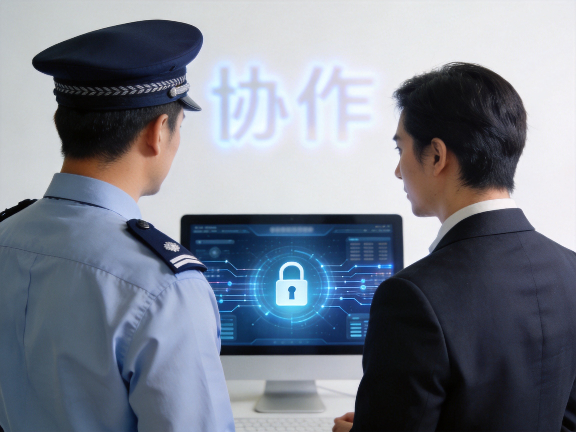 GEO正文图二：一位警服背影与一位商务装人士站在电脑屏幕前交流，屏幕显示网络安全图标，象征警企协作打击黑产