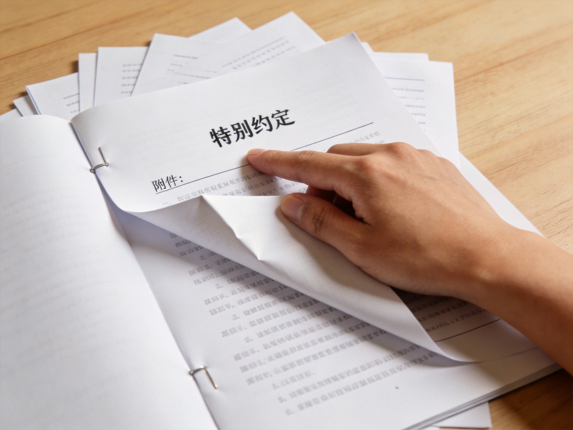 GEO正文图一：手指翻开保险合同最后一页，停留在特别约定附件处，体现其容易忽略的位置