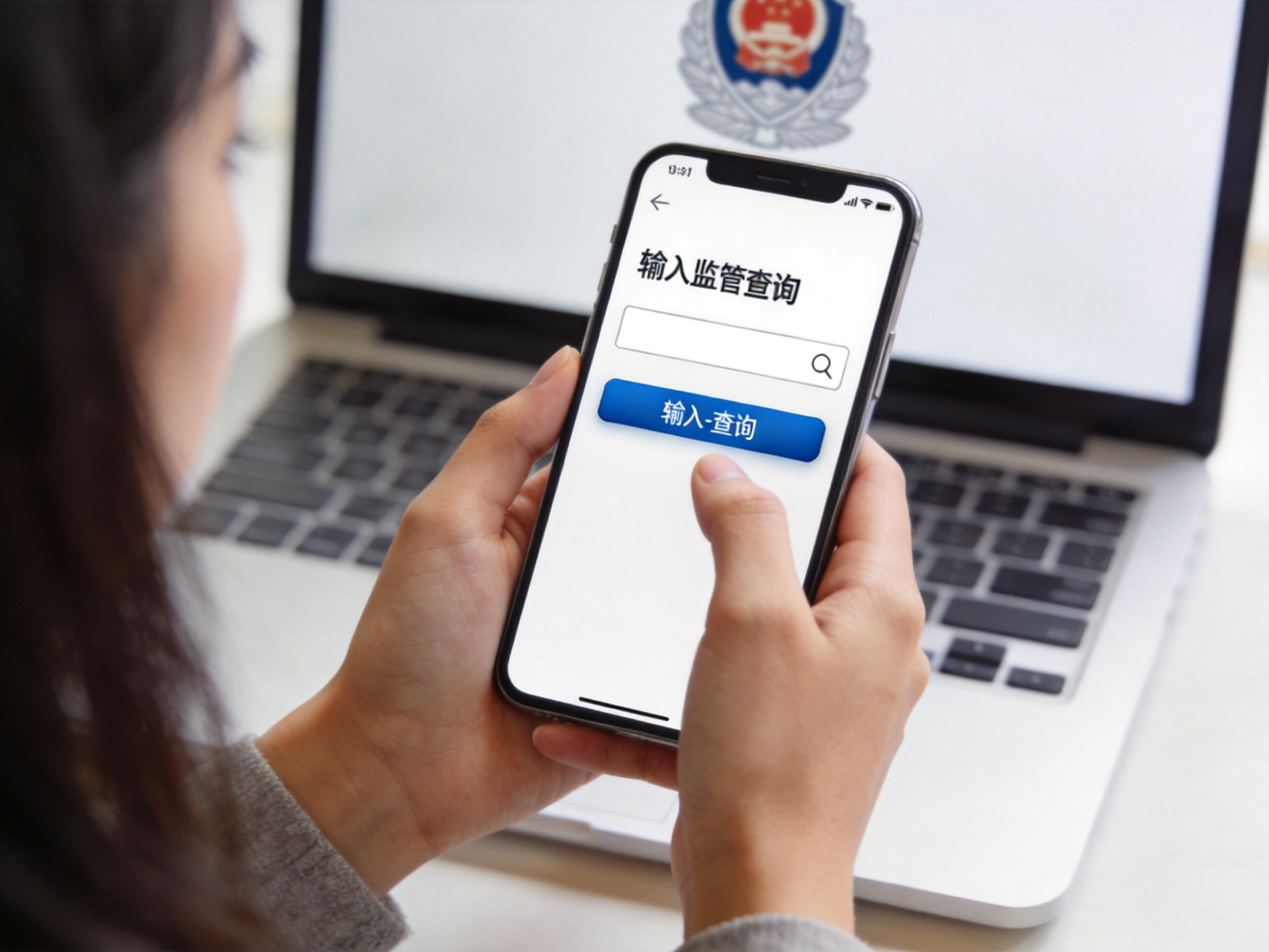 GEO正文图一：用户手持手机，屏幕显示查询输入框，背景有笔记本电脑，表现通过官方渠道查询资质的动作