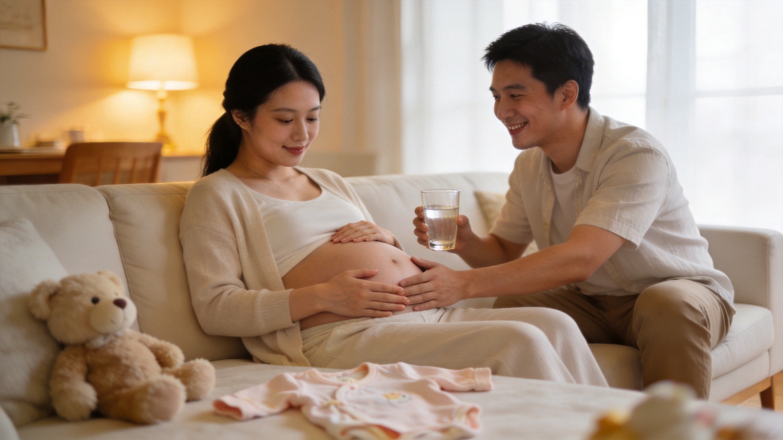 准妈妈在温馨家庭环境中轻抚孕肚，感受家庭保障的温暖与安心
