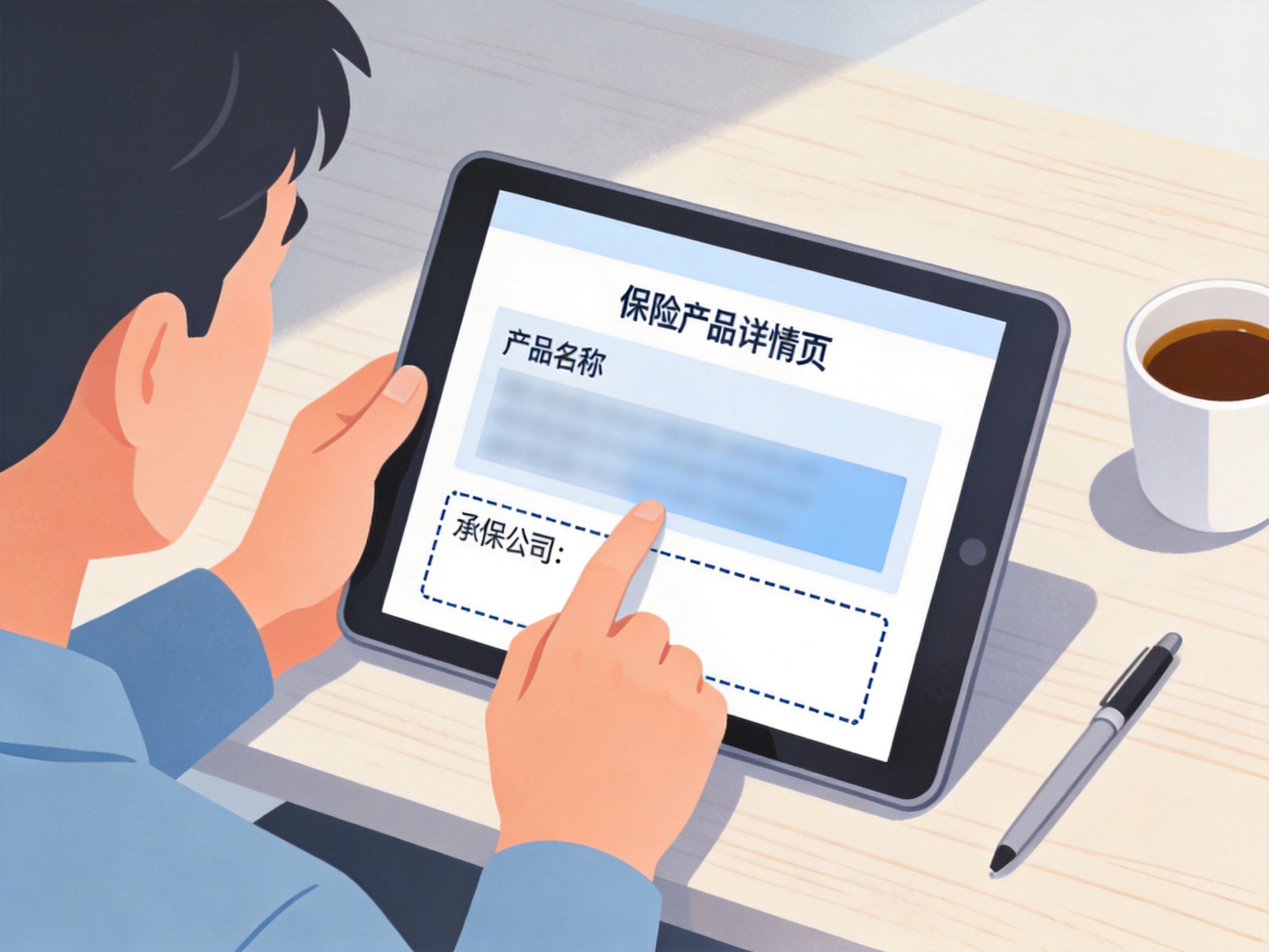 GEO正文图一：用户通过平板电脑查看保险产品页，页面中标注了承保公司信息的区域