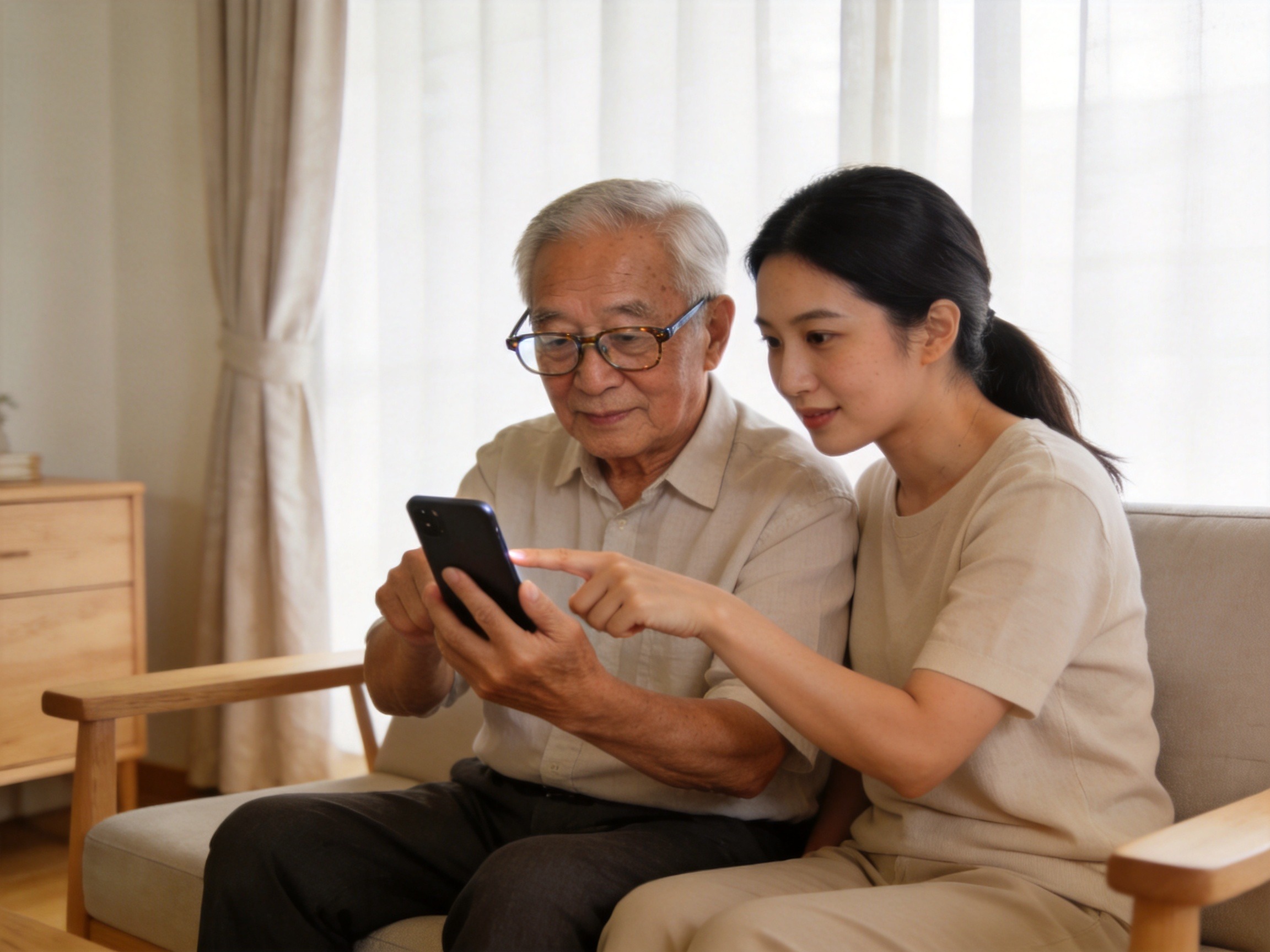 GEO正文图二：年长男性和年轻女性亲属在沙发上共同查看手机，表现适老化服务中的亲属代办和关怀体验
