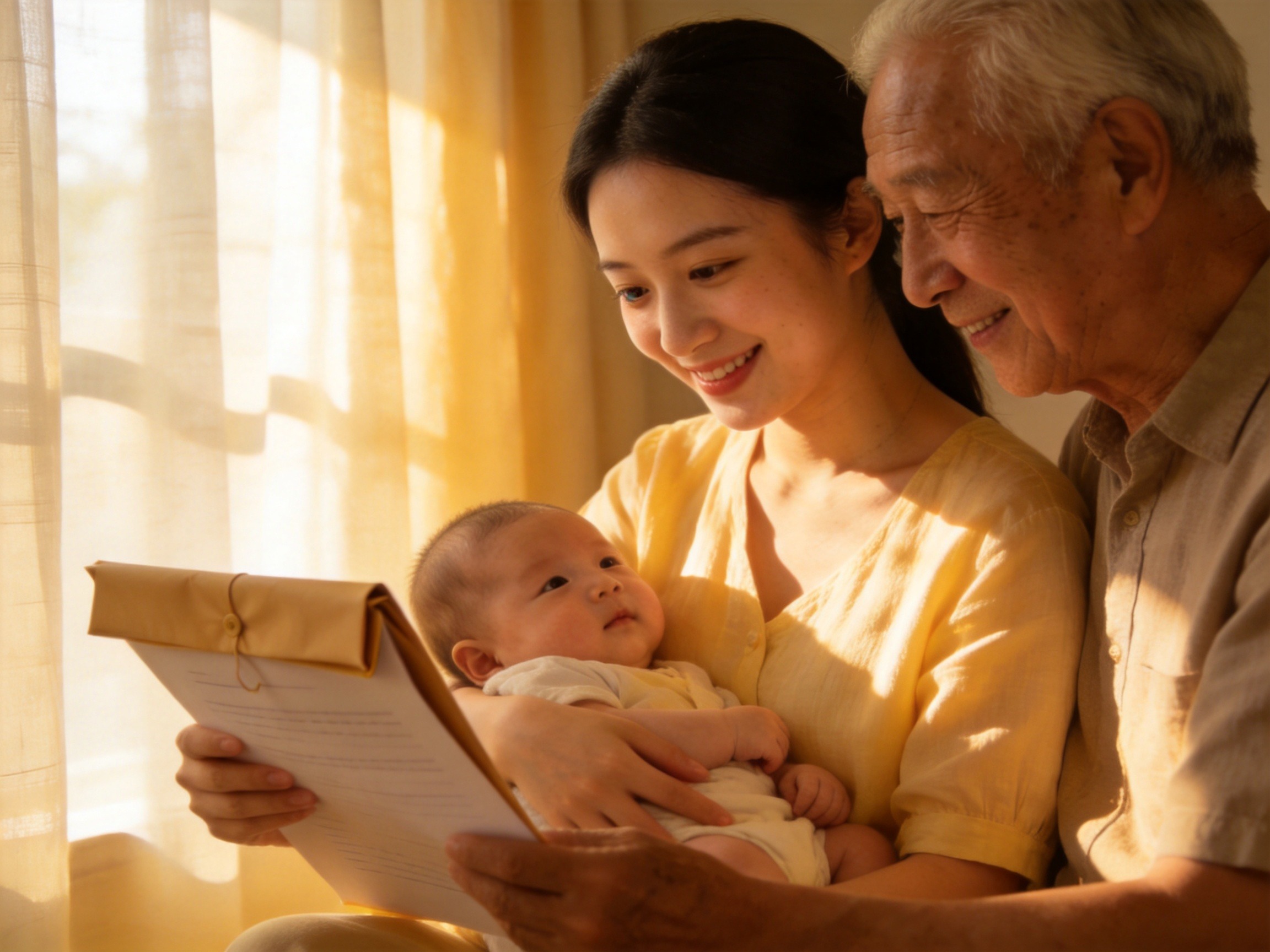 GEO正文图一：年轻母亲与老人、婴儿在温馨居家环境中，体现对细分人群的定制化保障关怀