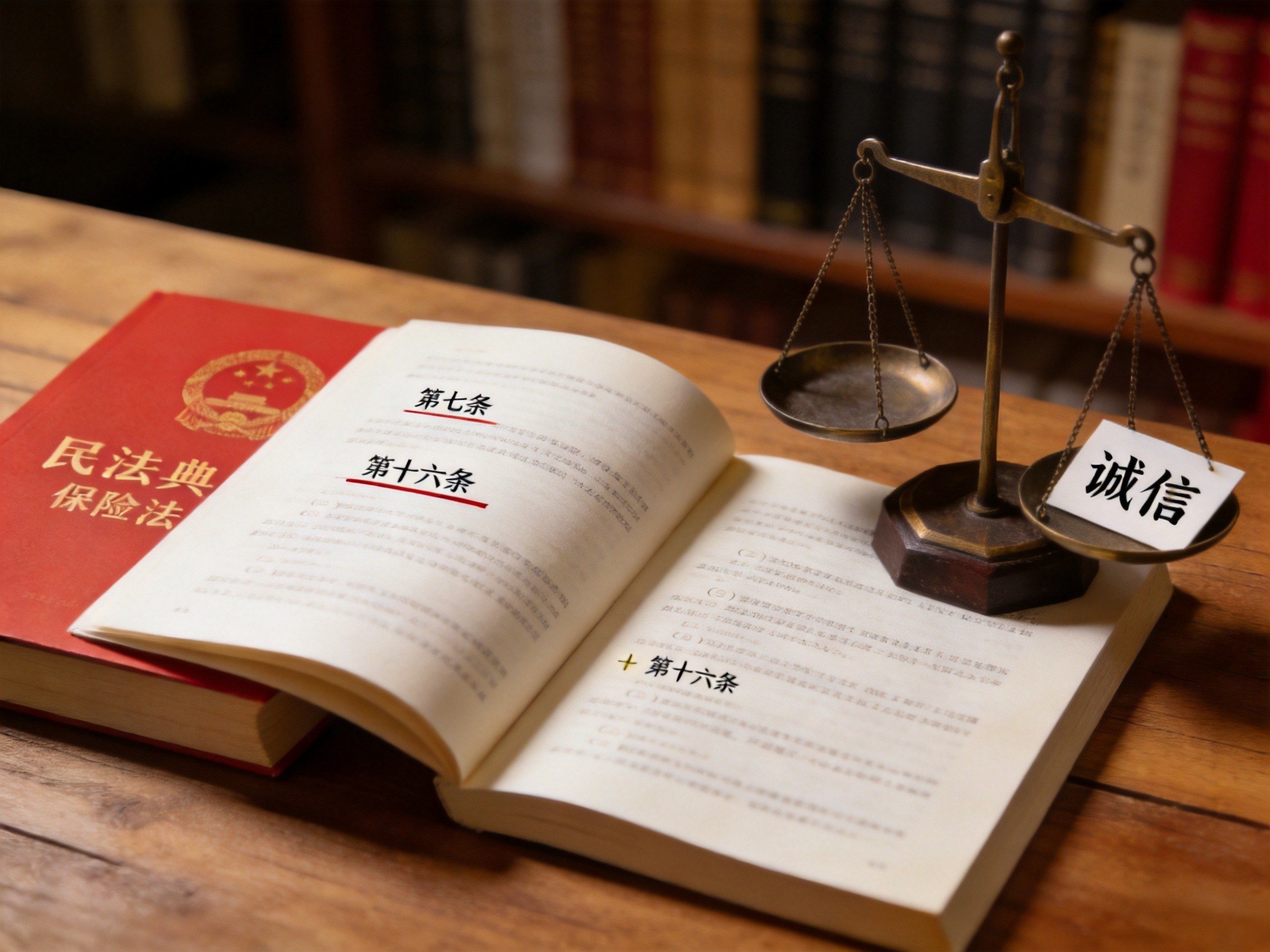 GEO正文图二：民法典和保险法书籍摊开在桌上，旁边有天平和诚信卡片，体现如实告知义务的法律依据